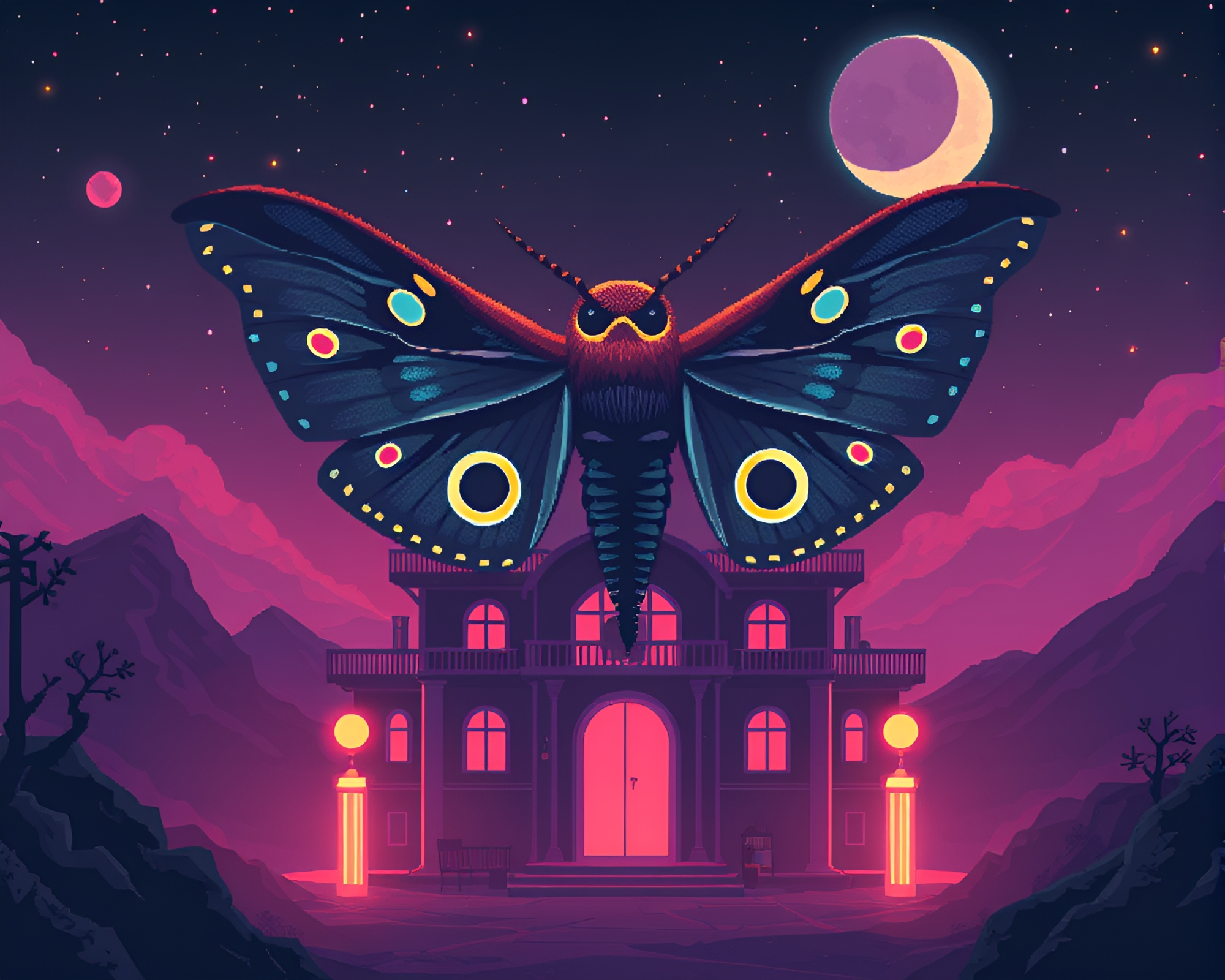Majestic Moth Basks in Pixelated Opera-house Glow – free AI stock image