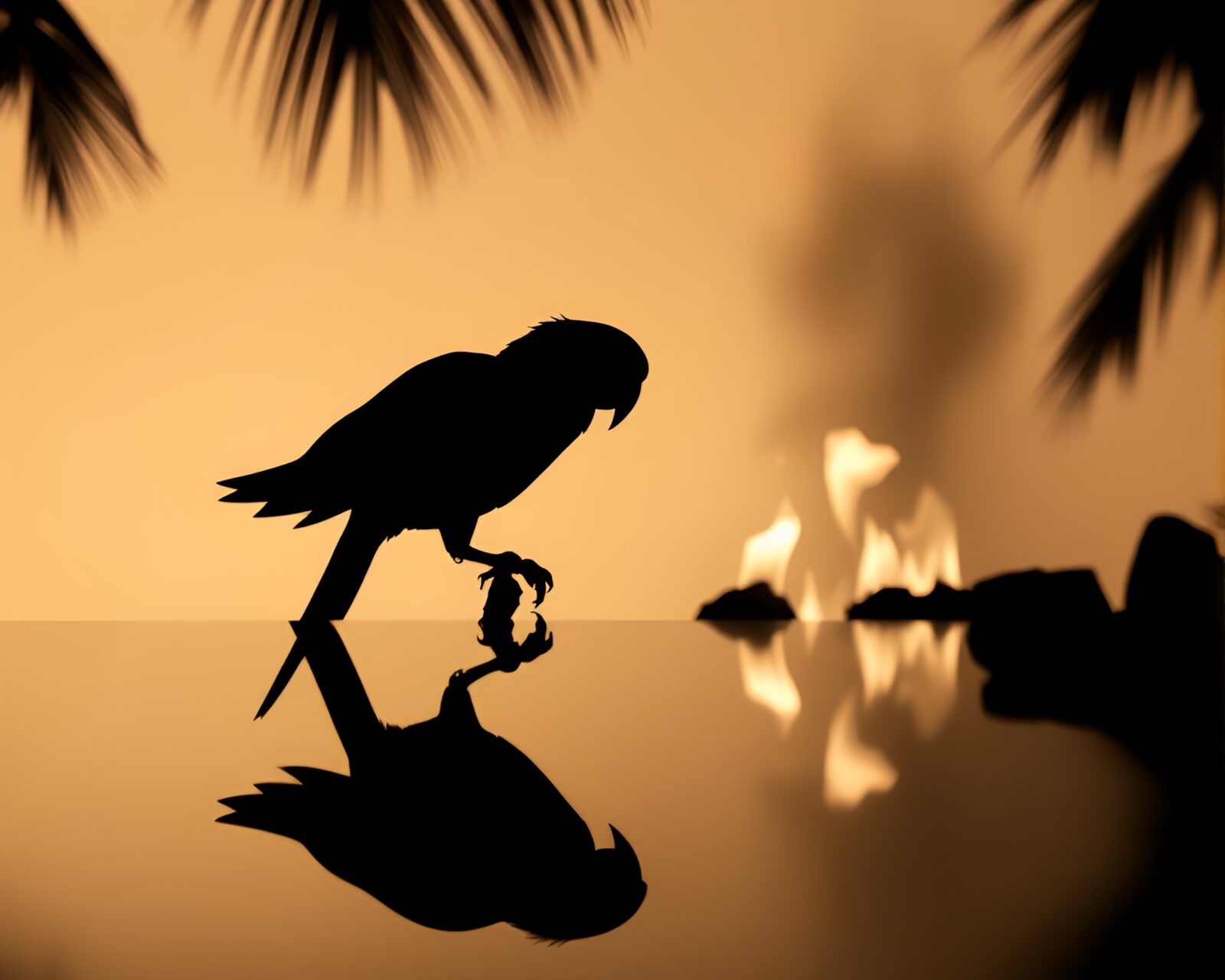 Sepia-toned image of a parrot silhouette reflecting in firelight