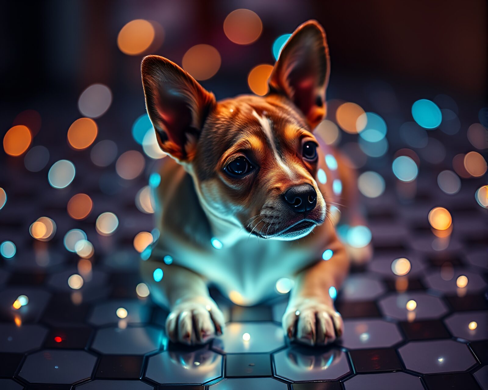 Holographic cat with hexagonal pattern in bright futuristic lights
