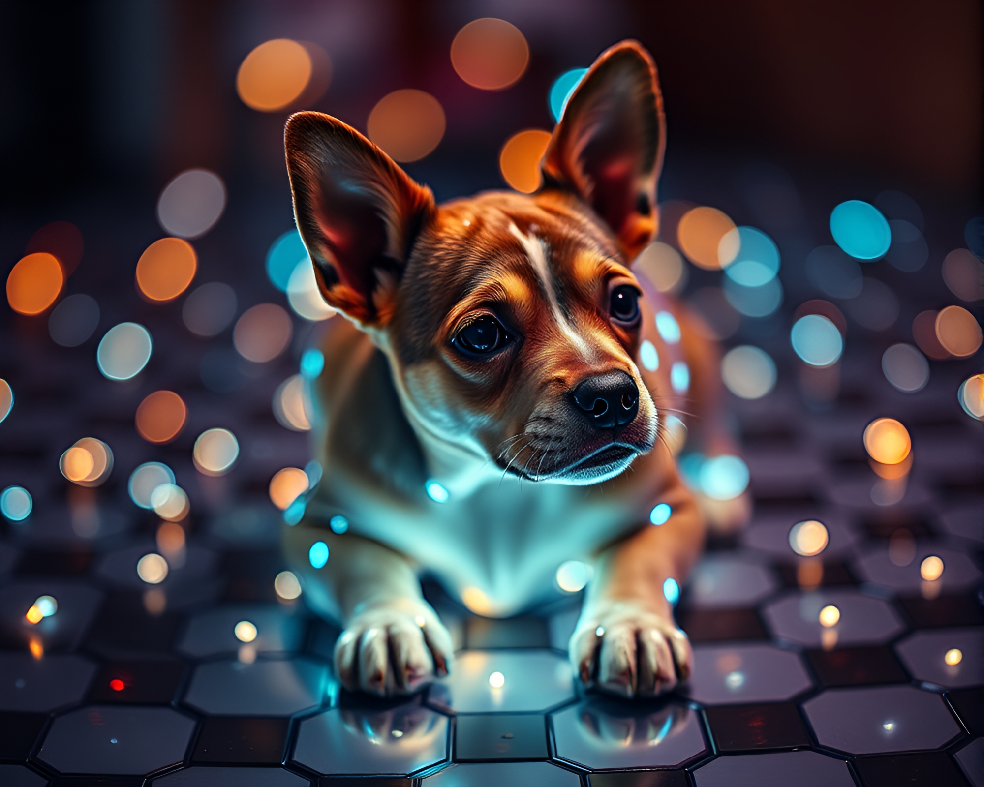 Hexagonal Holographic Pet Spiraling in Bokeh Lights – free AI stock image
