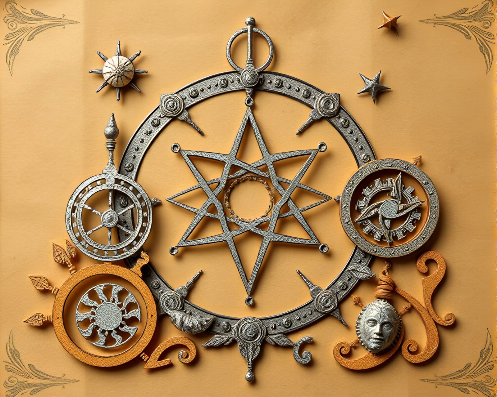 Intricate silver leaf accents on mystical alchemical paper scene