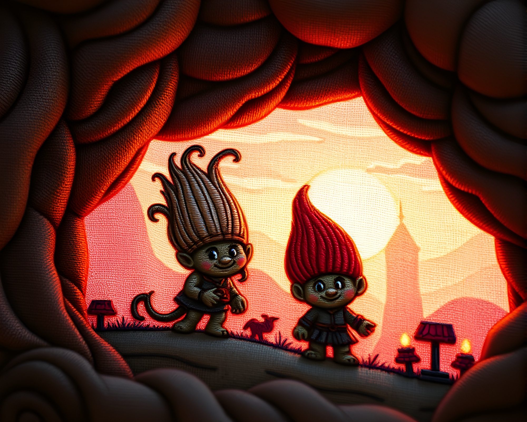 Embroidered Troll Under Cool Dawn Light – free AI stock image