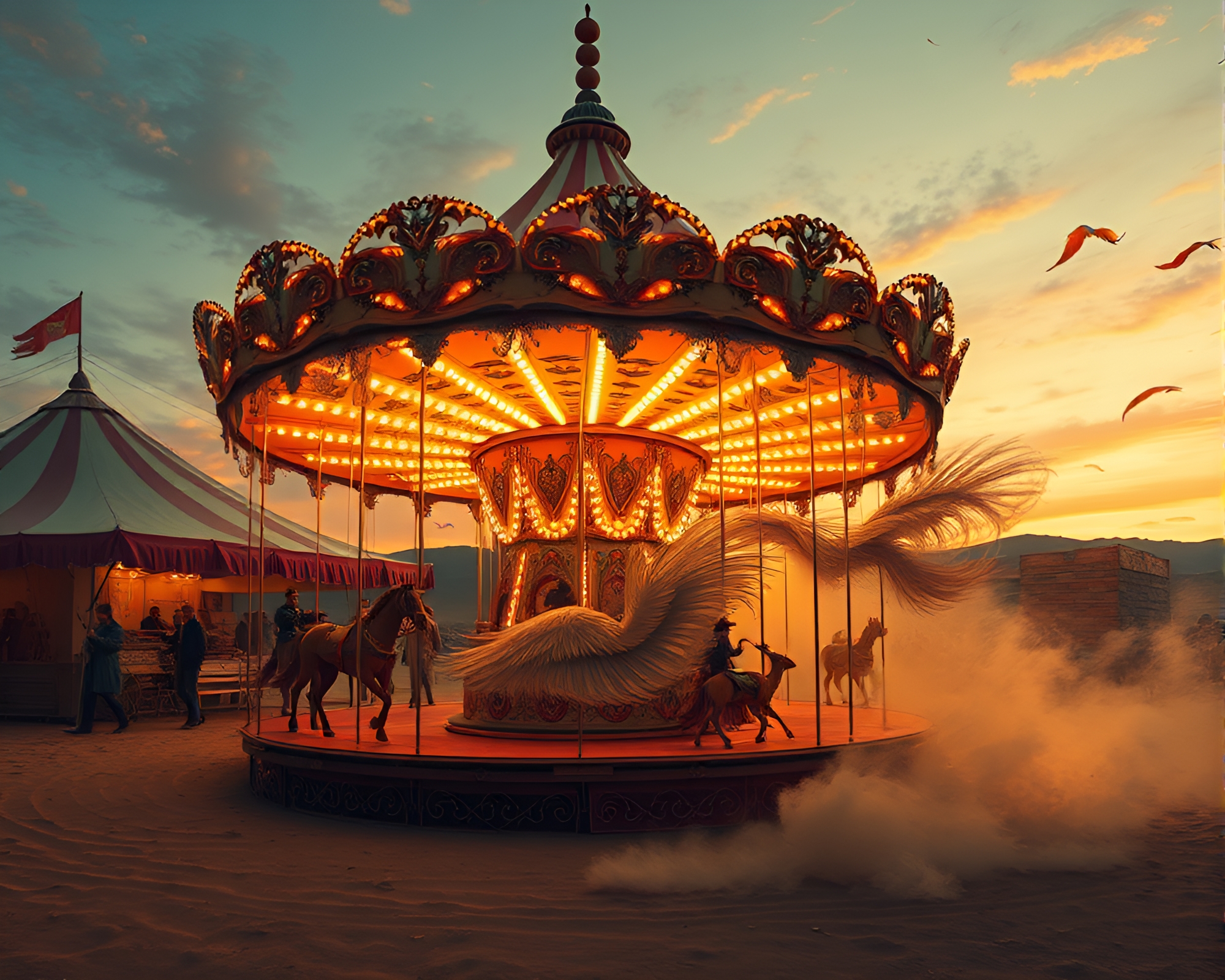 Feathered Carousel at Desert Sunset Fashion Carnival – free AI stock image