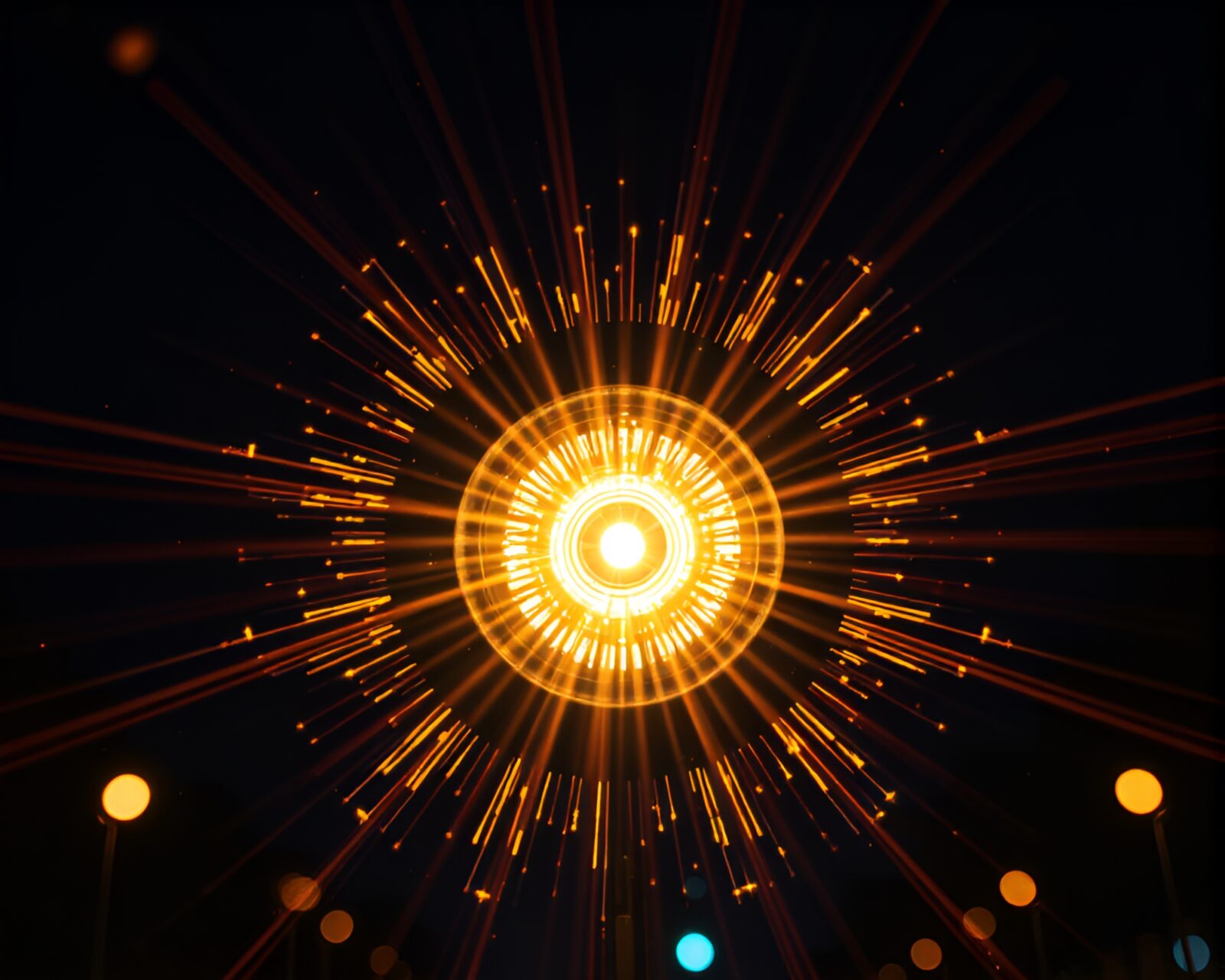 Abstract depiction of nanobots swarming around glowing streetlamp in detailed écorché style