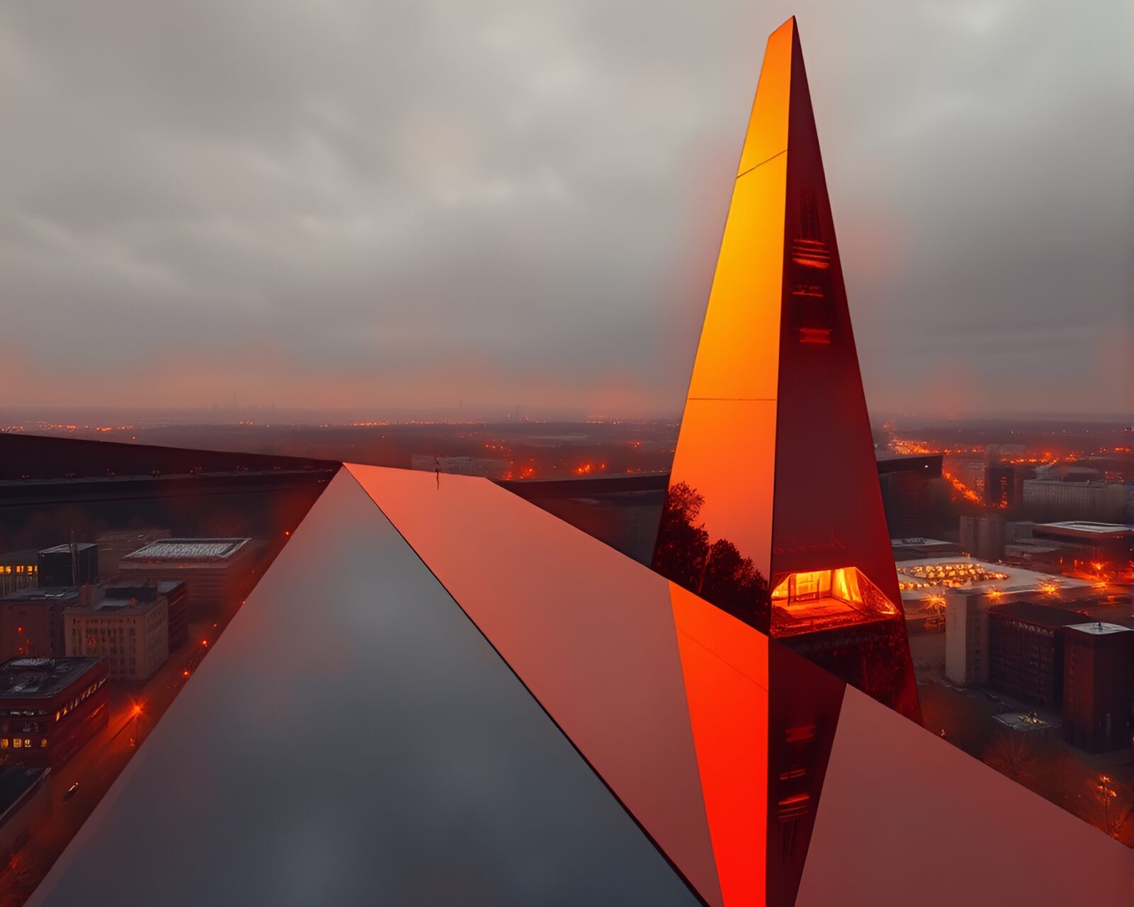 Fantastical tower reflected in a fractured mirror under warm orange light