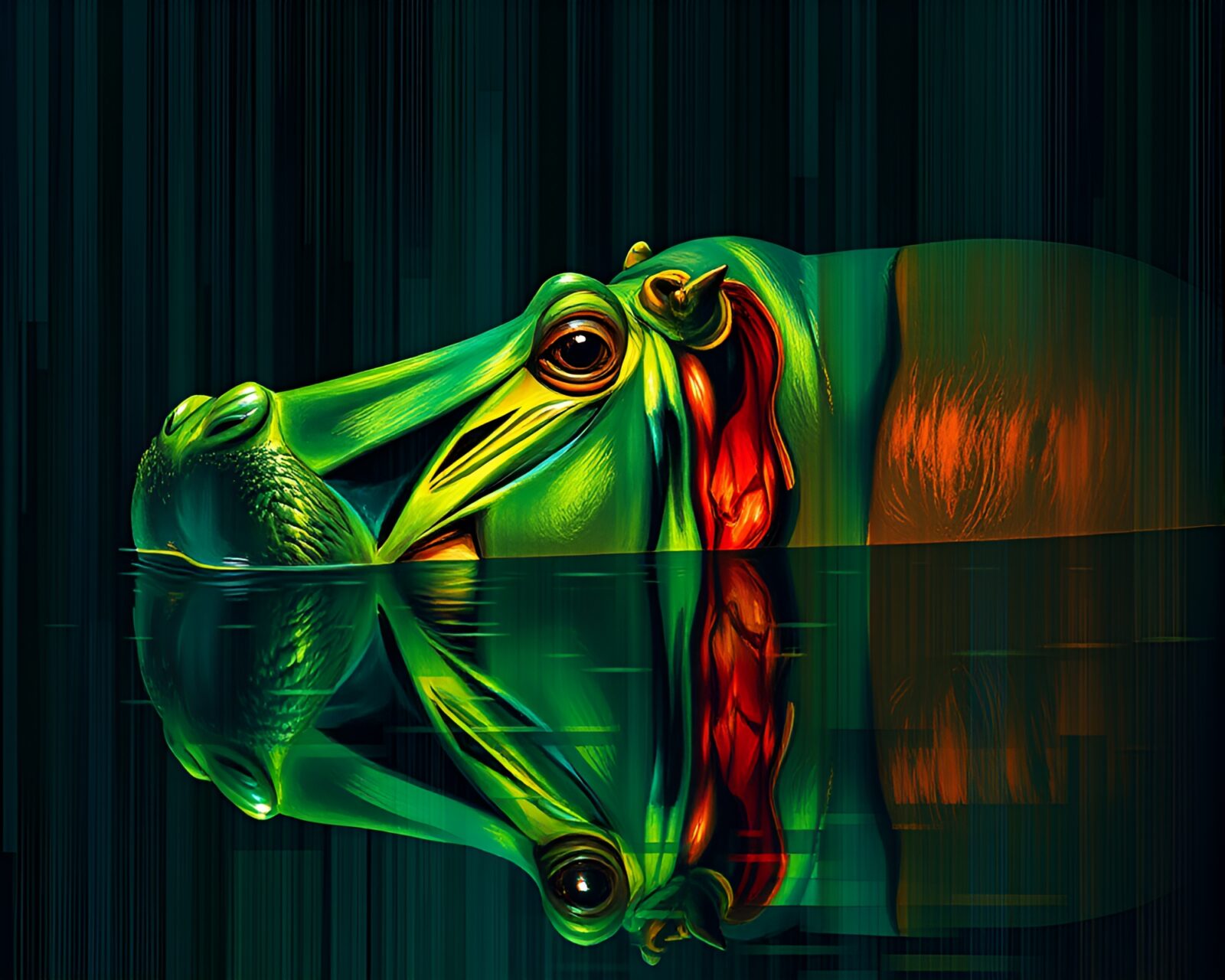 Abstract cubist style art with hippopotamus admiring light streaks