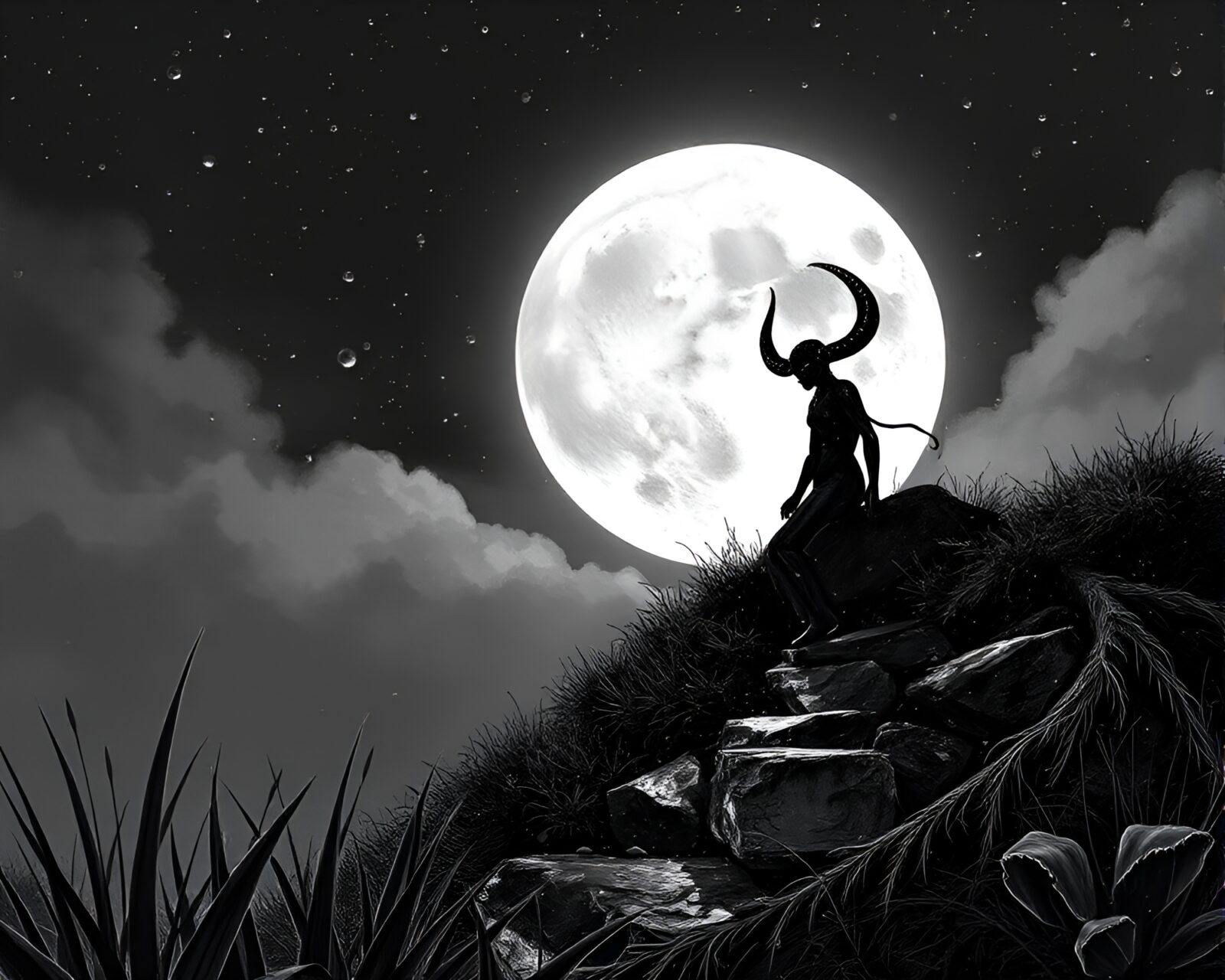 A cyberpunk illustration of a Satyr in lunar grayscale with dew drops