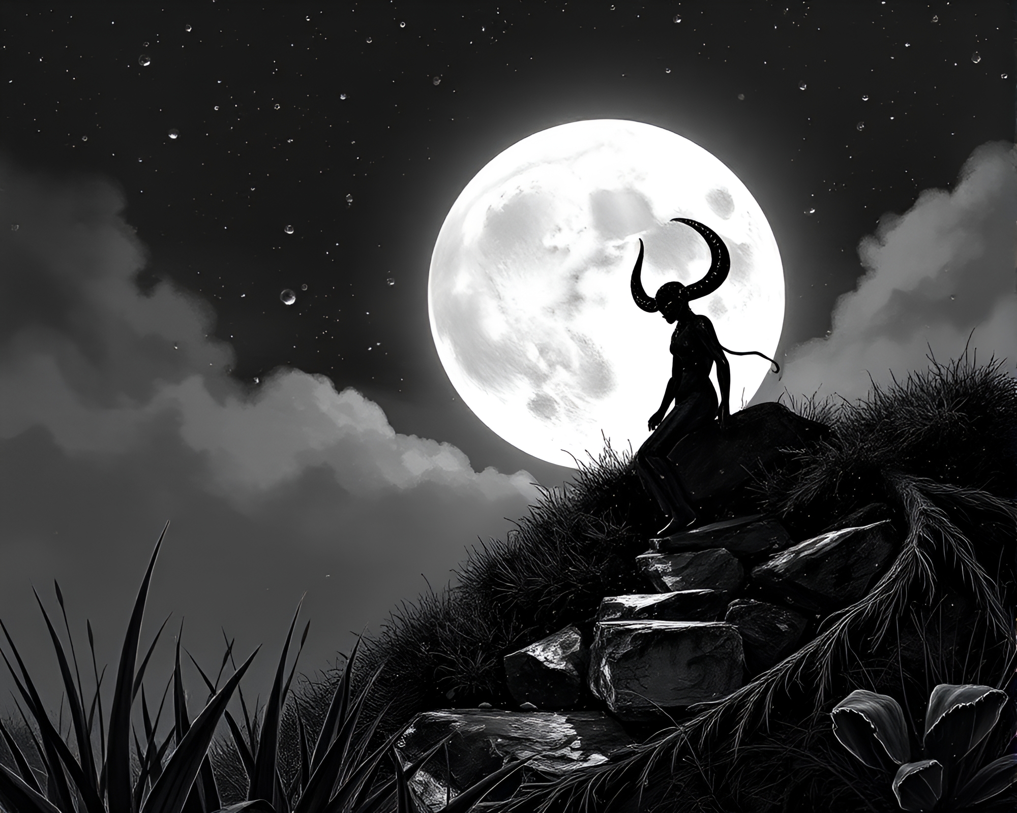 Satyr in Lunar Cyberpunk: Dew Drops Composition – free AI stock image