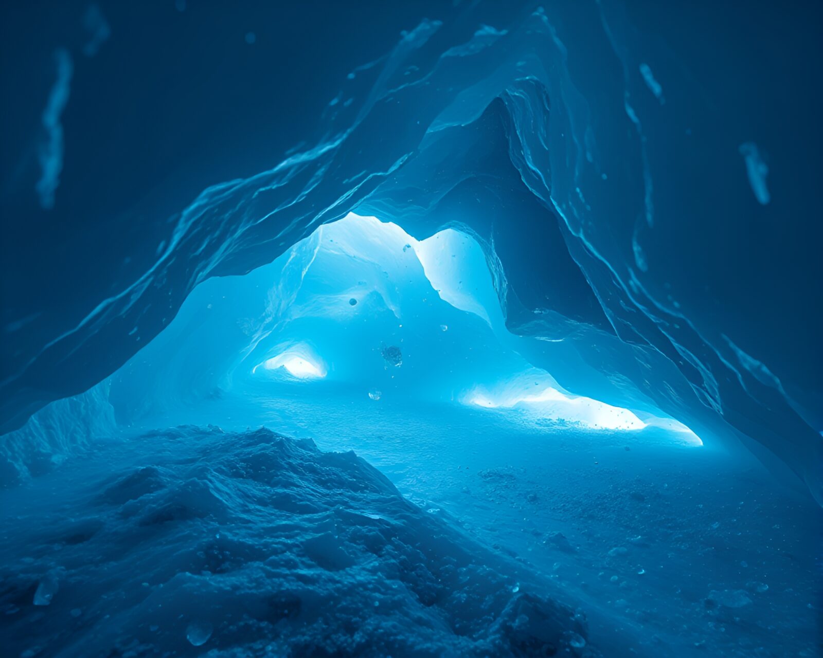 Surreal glacial cave scene with floating ice particles