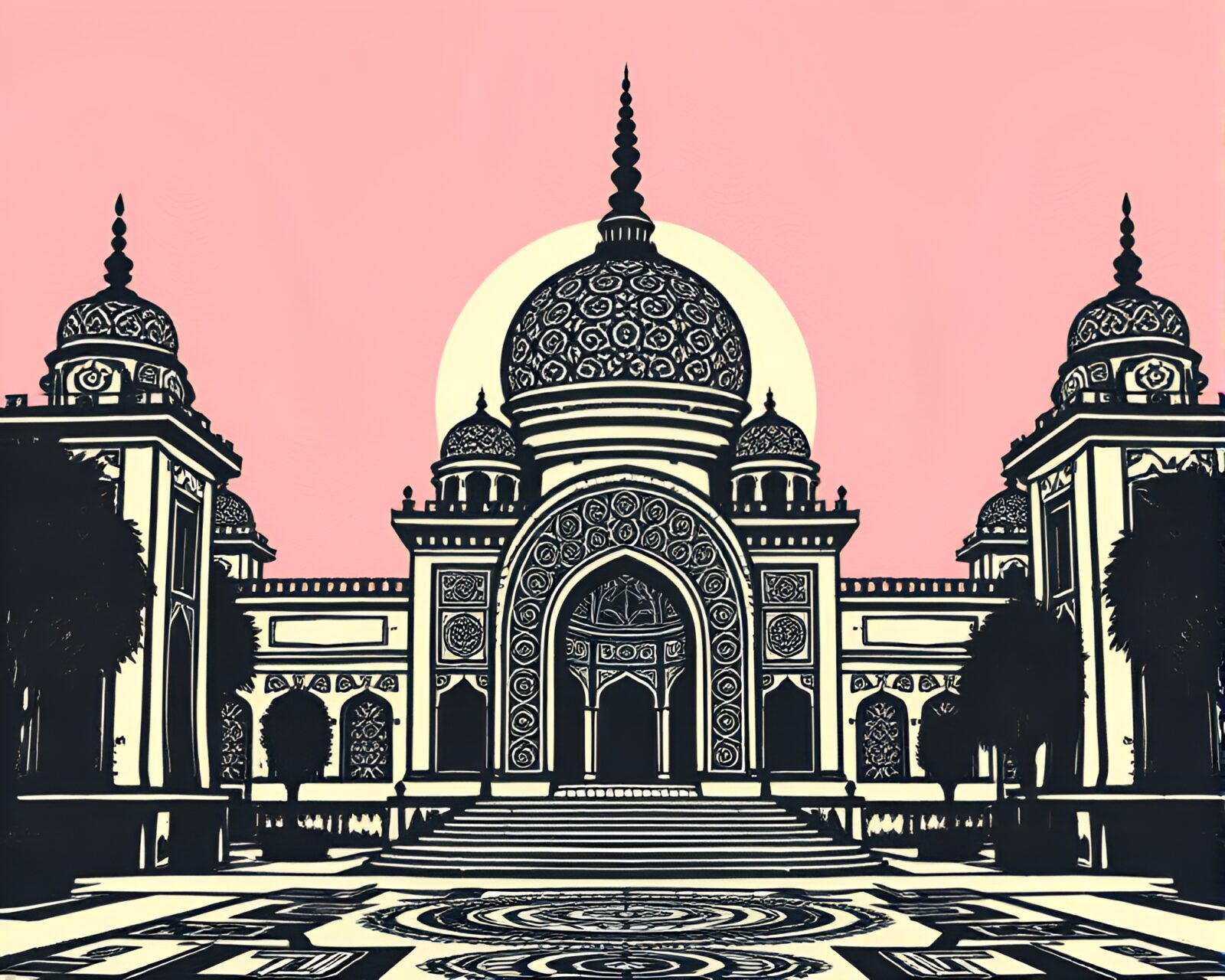Abstract architectural woodblock print with mandala design in pink sunrise glow