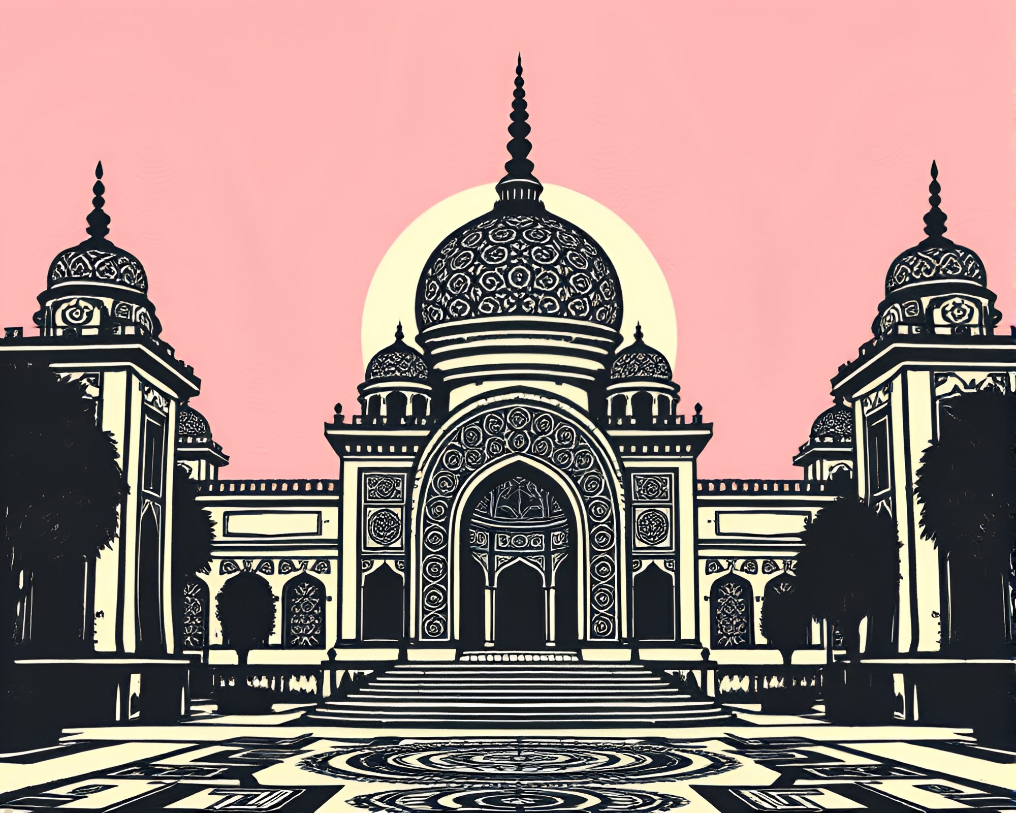Mandala Design in Sunrise Glow: Architectural Woodblock Print Rendering – free AI stock image