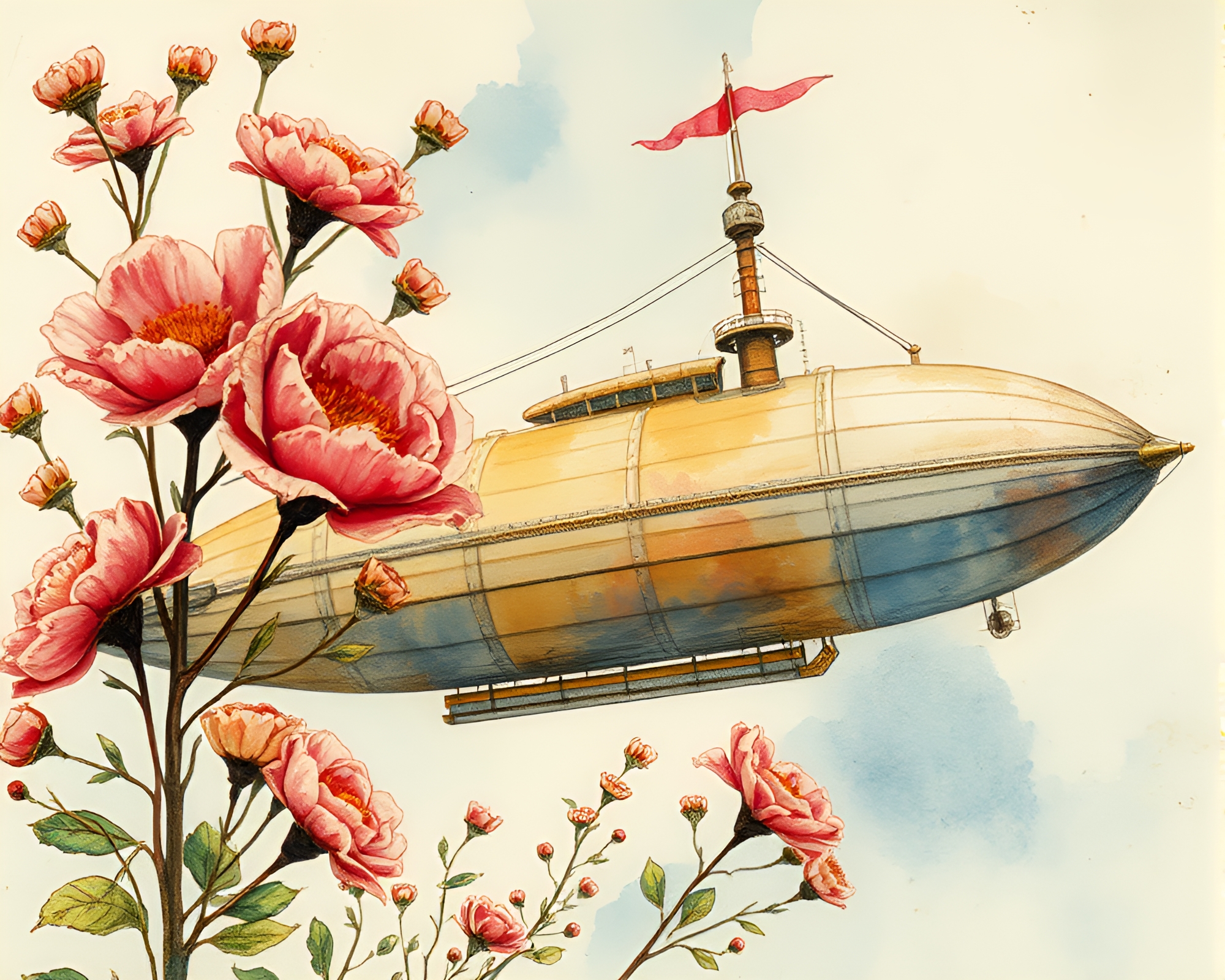 Steampunk Airship in Watercolor Blooms Study – free AI stock image