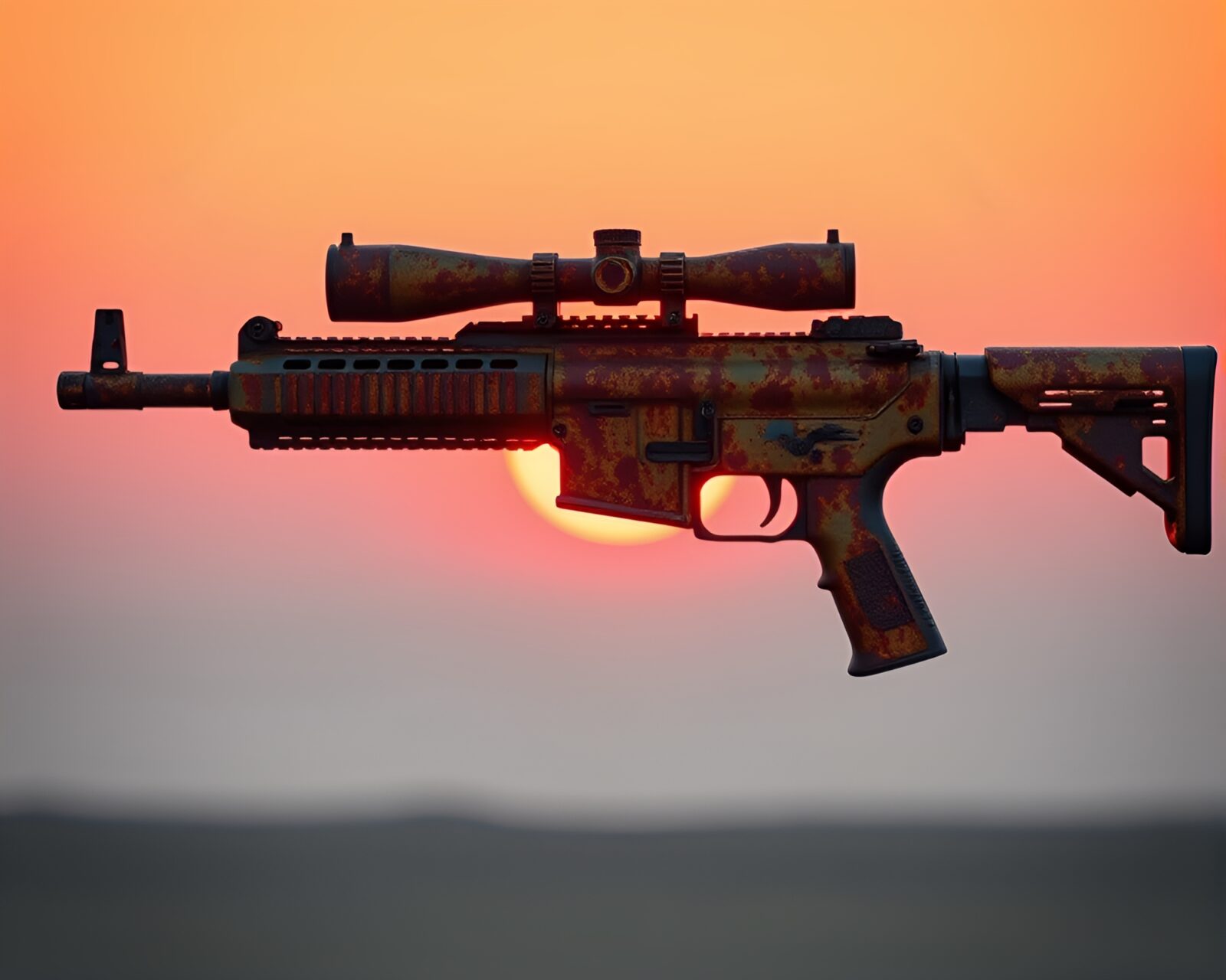 Sunrise over rust-streaked landscape with futuristic weapon