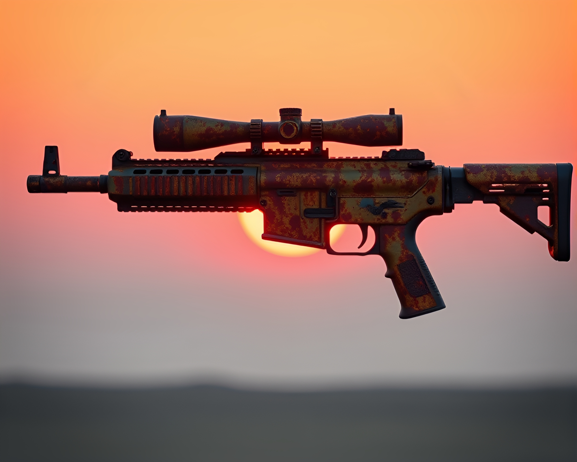 Sunrise Plasma Rifle in Rust Stained Field – free AI stock image