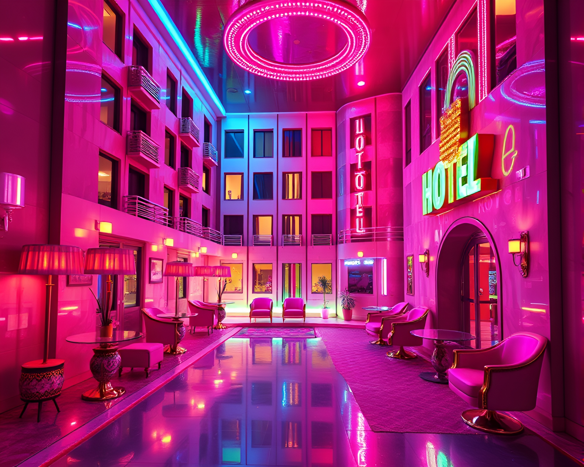 Vibrant Art Deco Hotel with Metallic 3D Effect – free AI stock image
