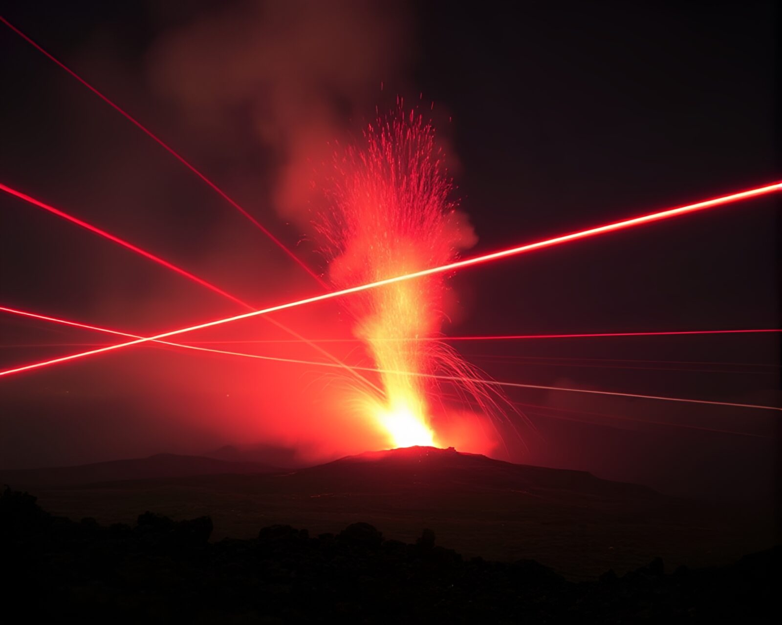 Red glow from exploding antimatter grenade in laser lights