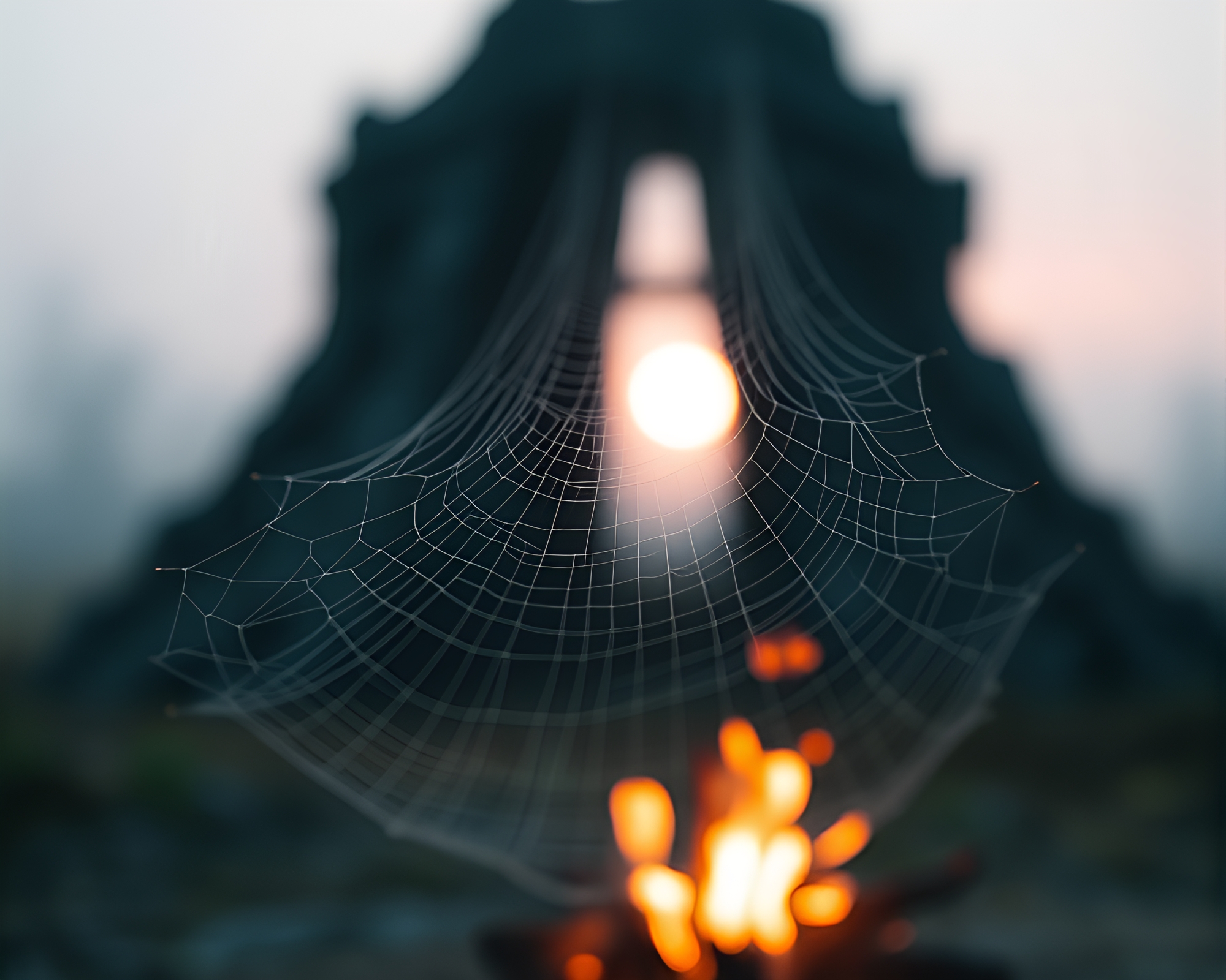 Monolithic Bonfire: Tilt-Shift Miniature Cobweb Art – free AI stock image