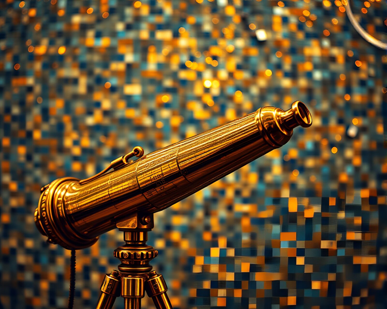 Brass telescope surrounded by shimmering stardust mosaic tiles.