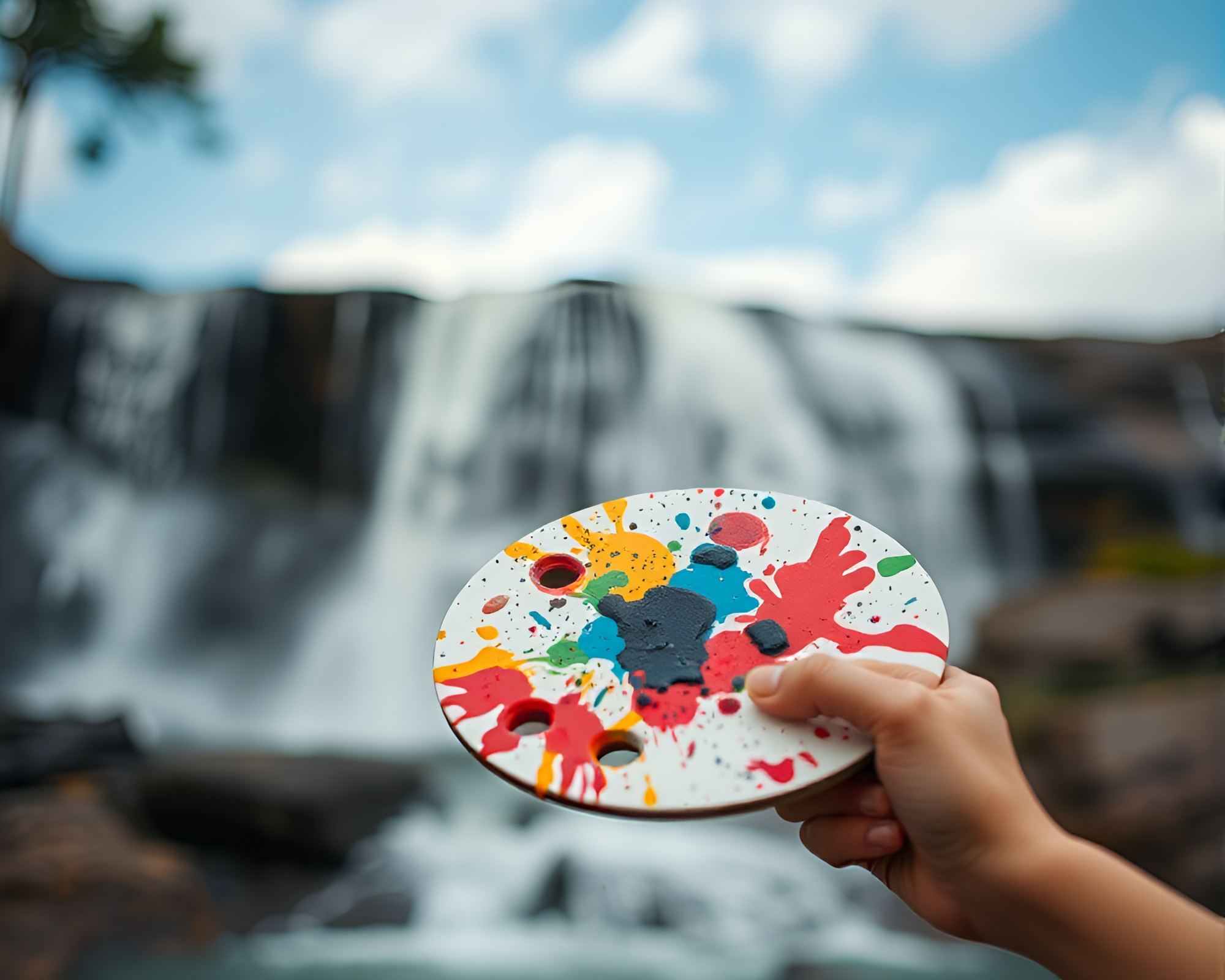 Miniature Candid Waterfall Scene with Paint Splatter Palette – free AI stock image