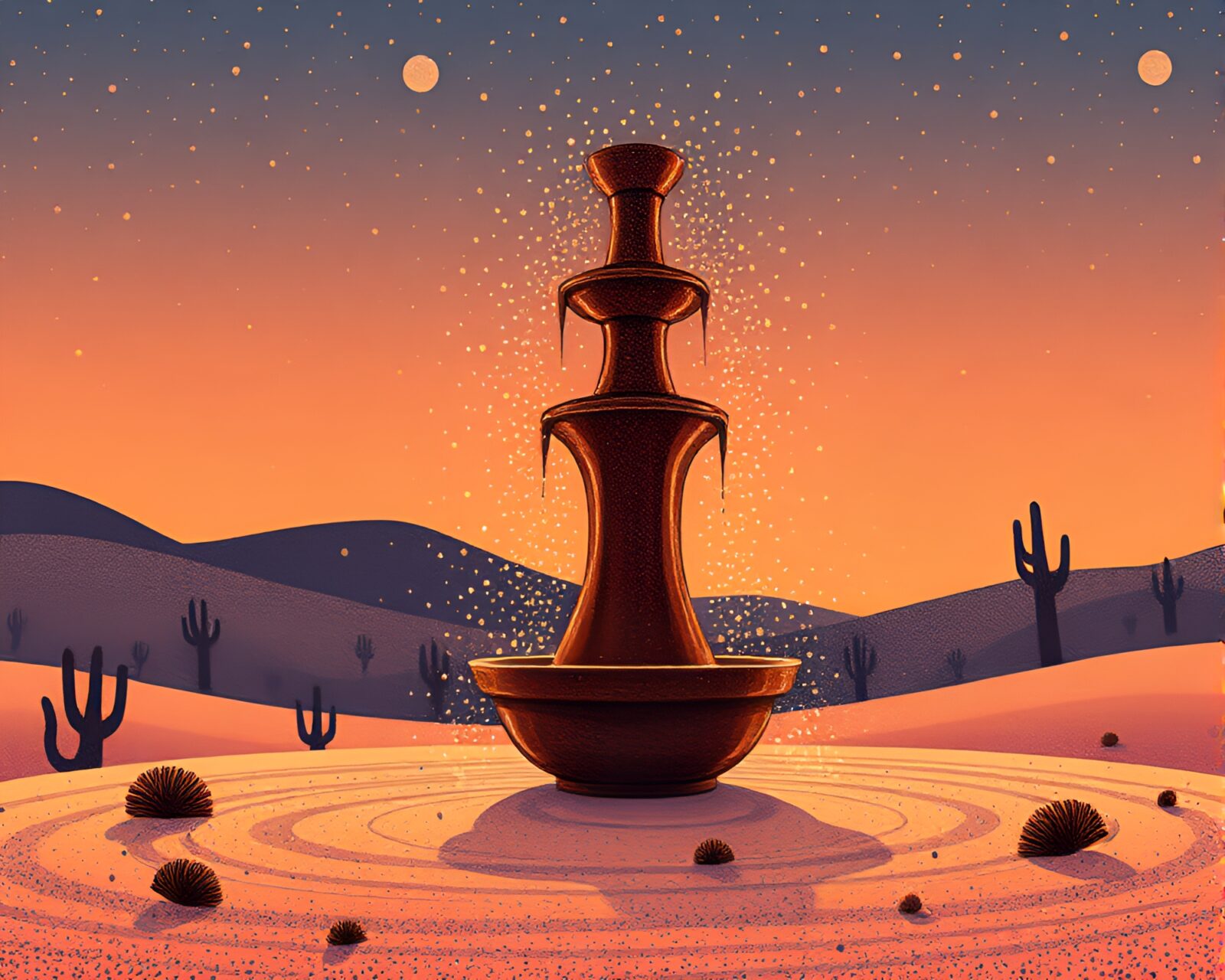 Illustration of desert-themed chocolate fountain in pointillist style