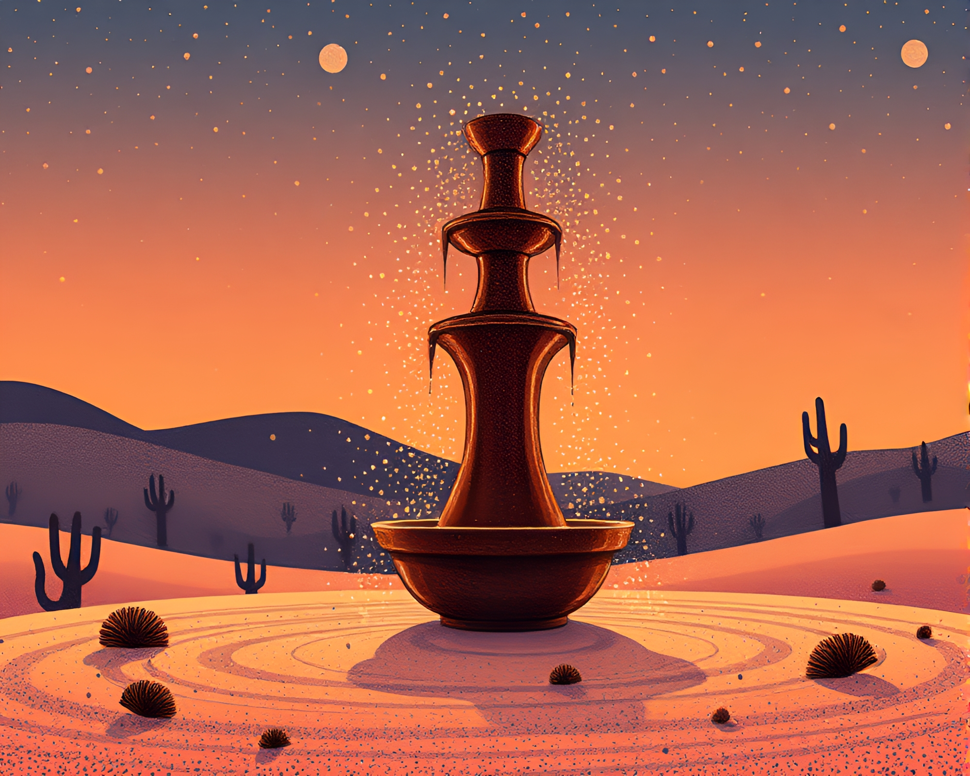 Chocolate Fountain in Pointillist Desert Illustration – free AI stock image