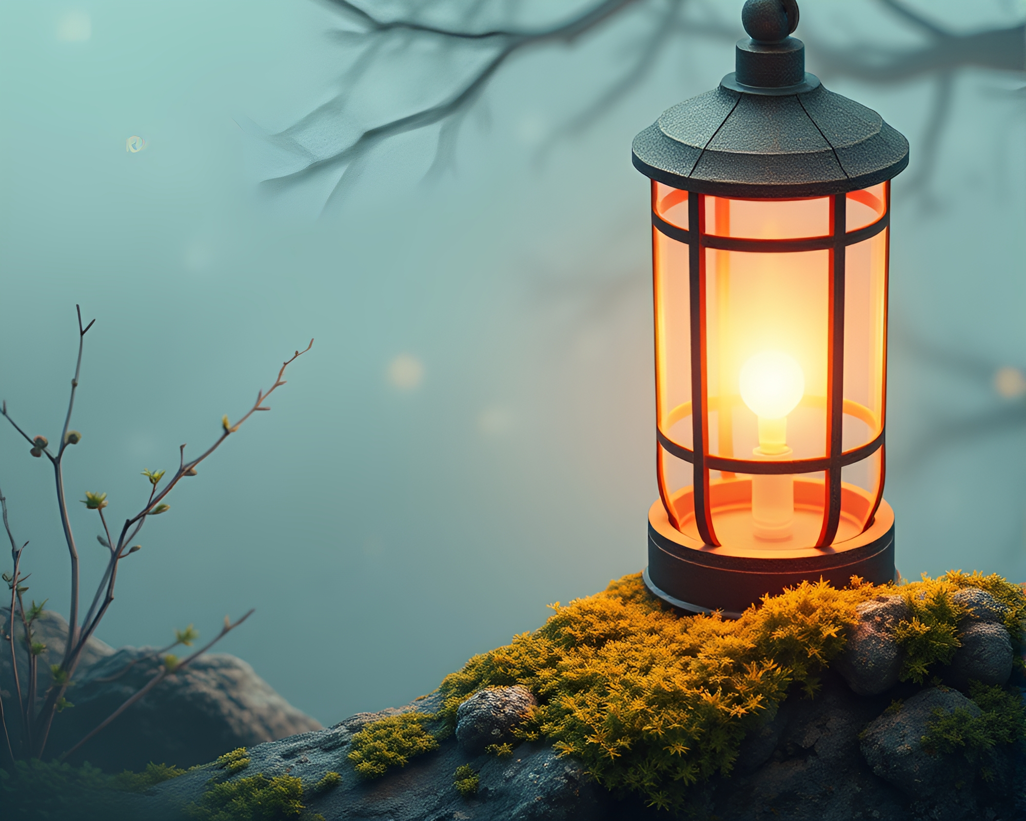Misty Lantern Illuminating Lichen-Textured Isometric World – free AI stock image