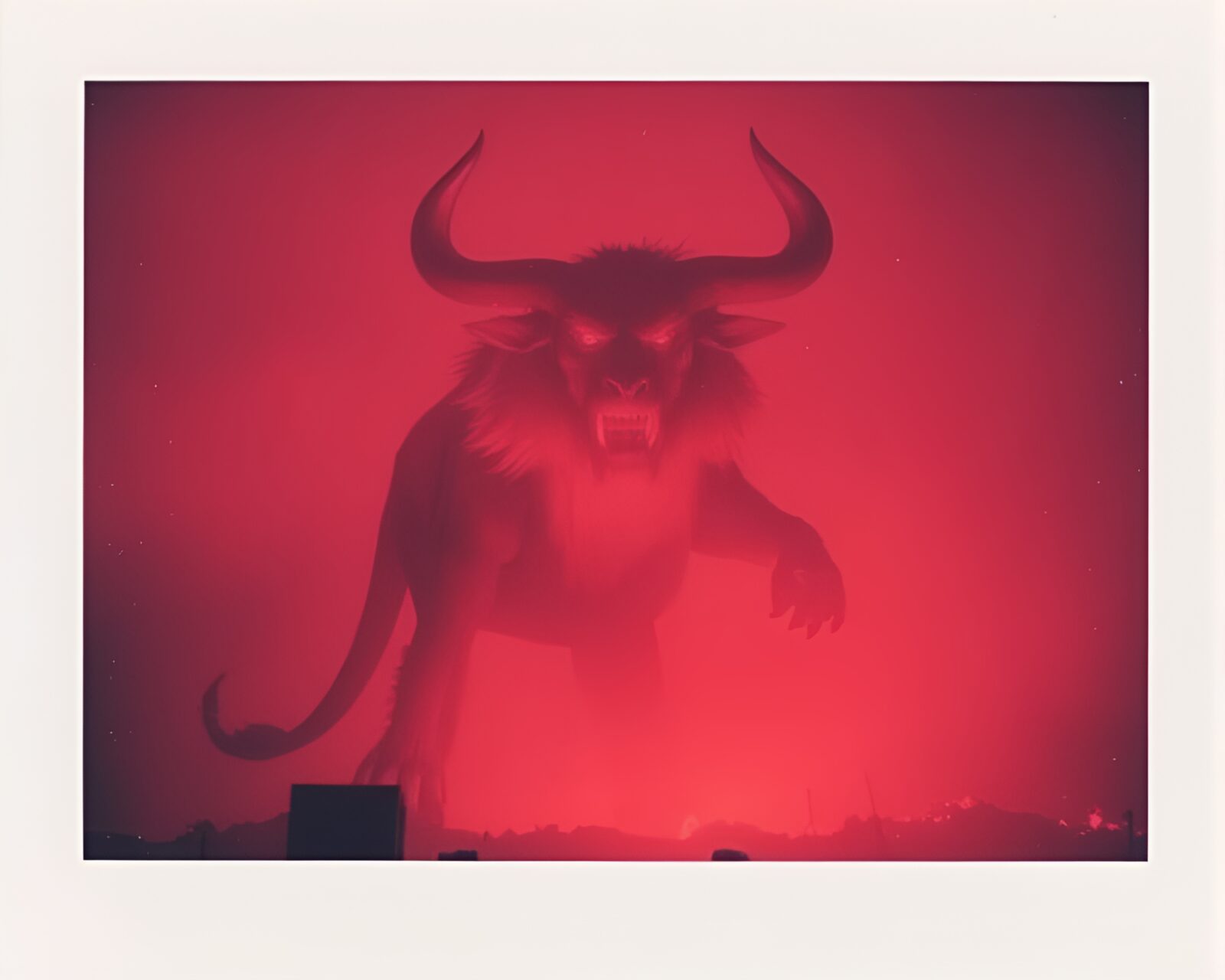 Fierce Minotaur surrounded by glowing red volcanic eruption in Polaroid style