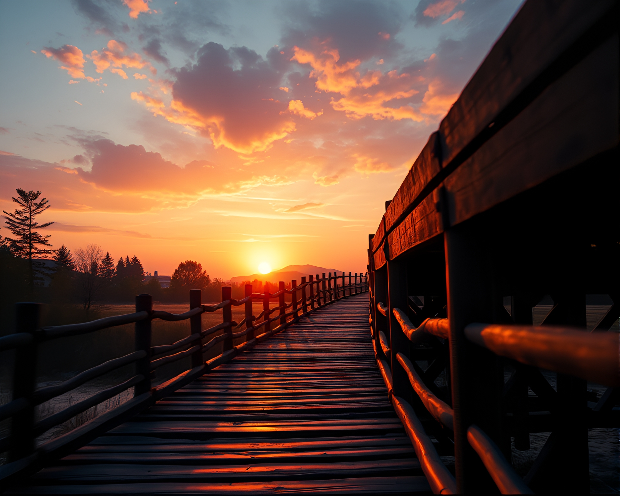 Glitched Wooden Bridge Under Warm Sunset Engraving – free AI stock image