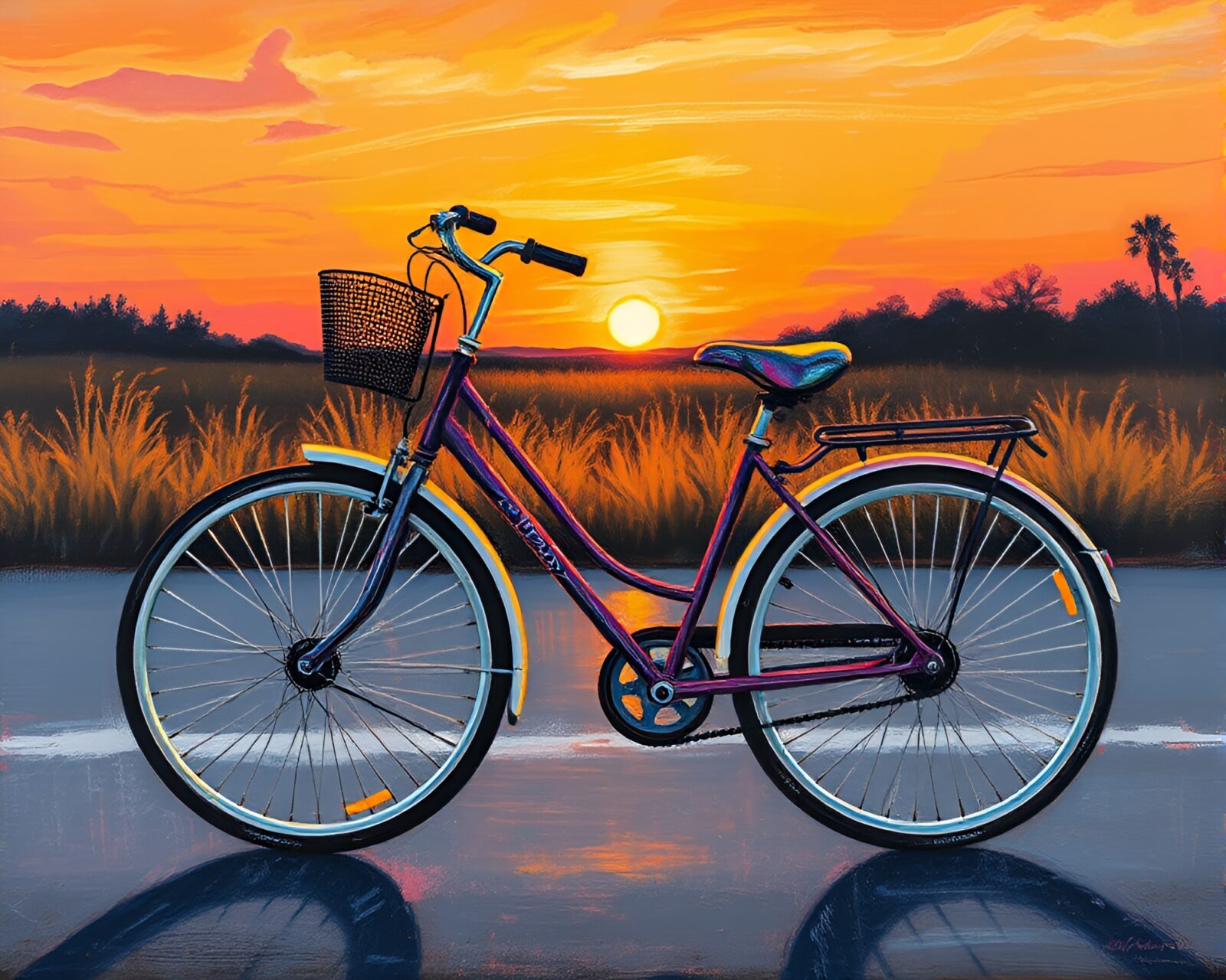 Vibrant oil painting of a chalk-drawn solar bike