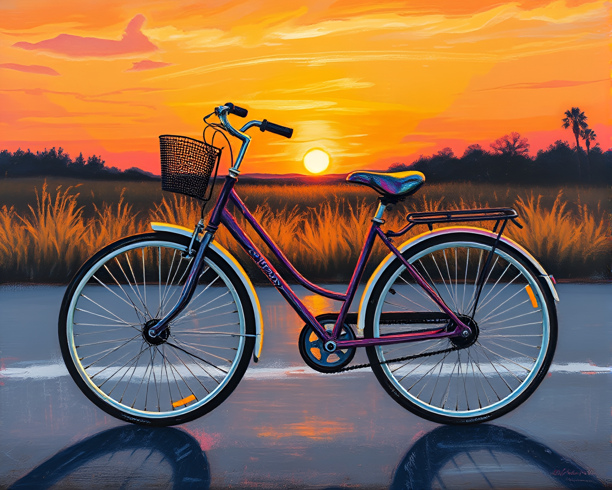 Sunset Chalk Drawing of Solar-Powered Bike – free AI stock image
