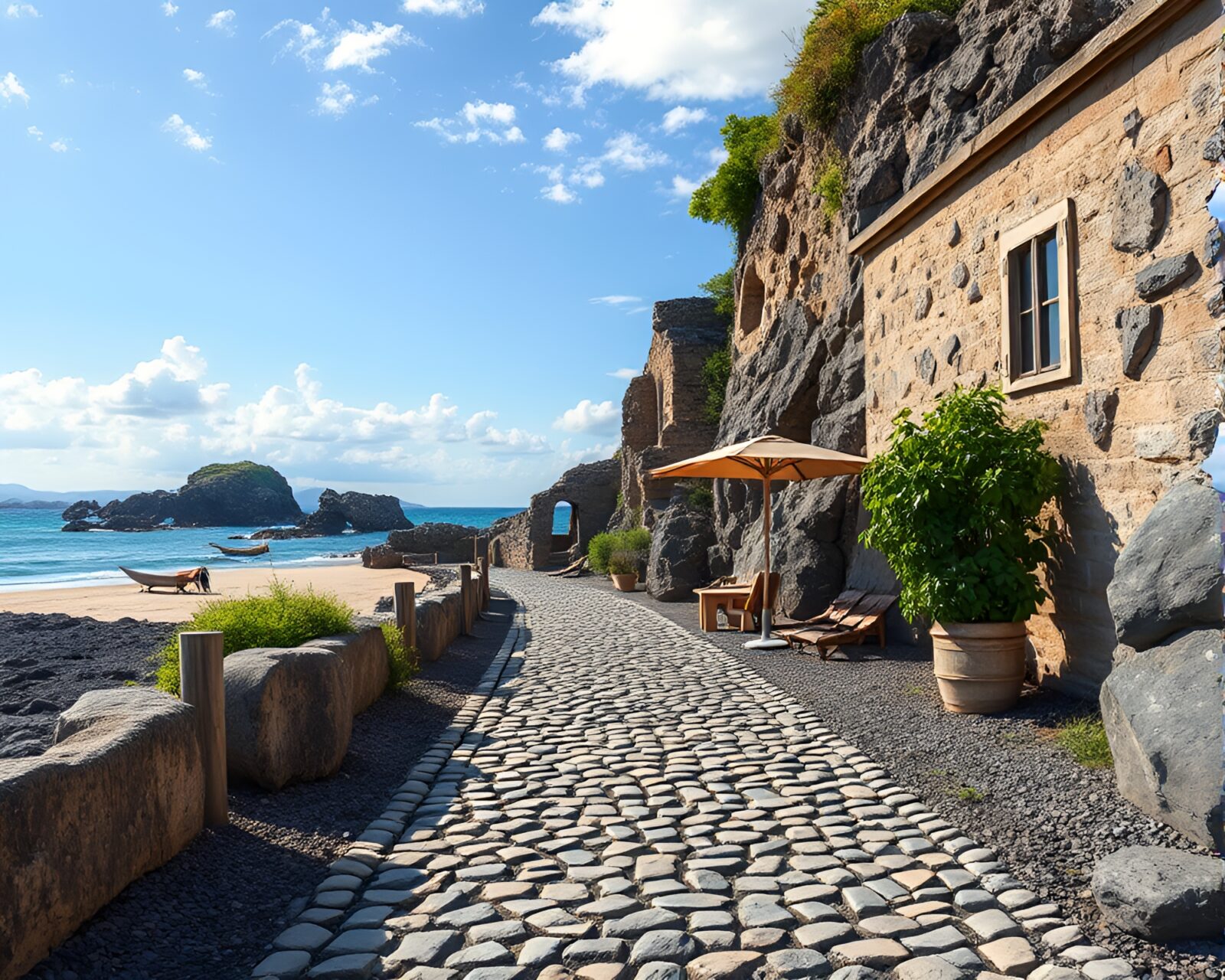 Cartoonish cobblestone path leading to volcanic ash-tinted beach oasis