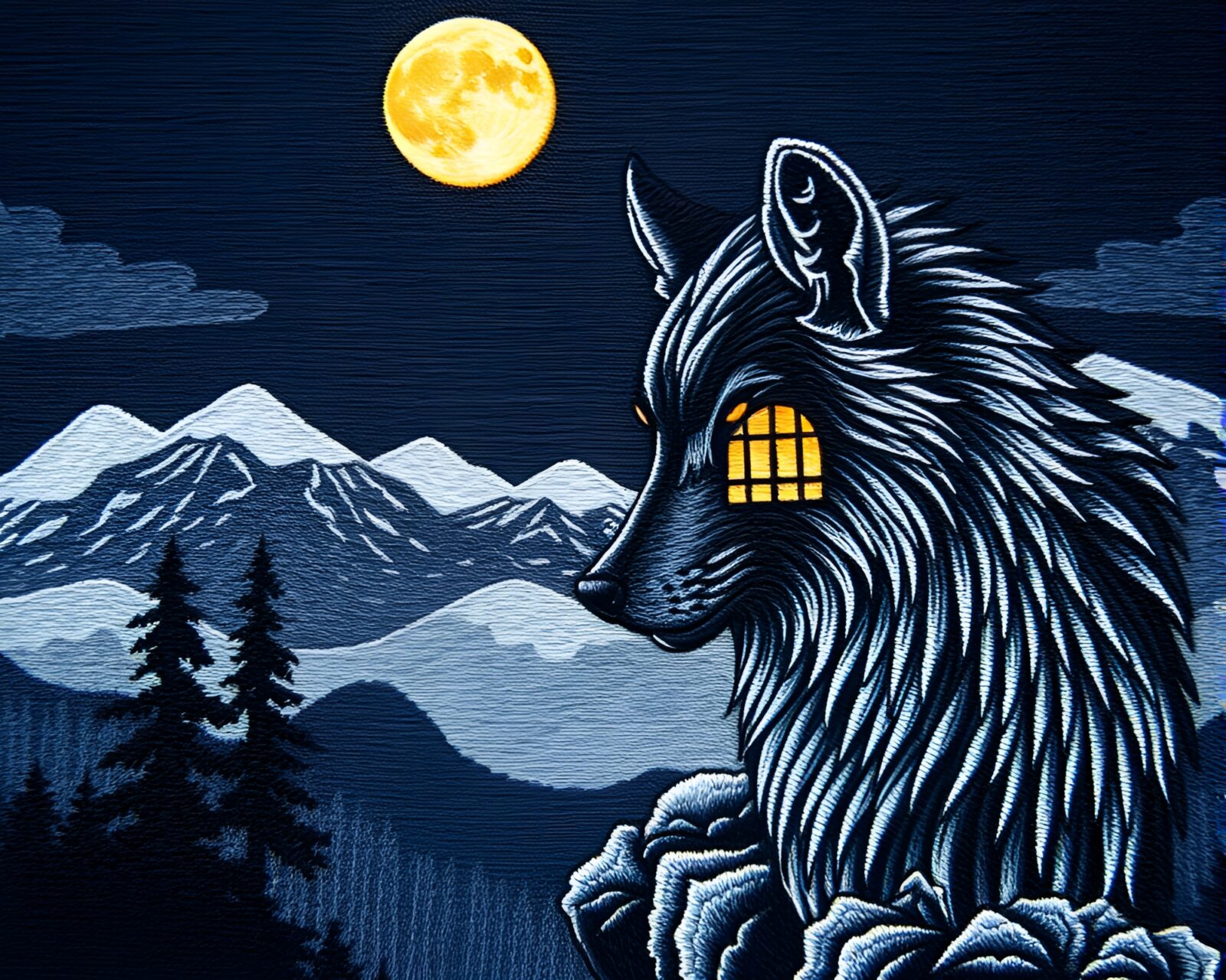 Landscape etching of a moonlit wolf with intricate embroidered details under an opera-house glow
