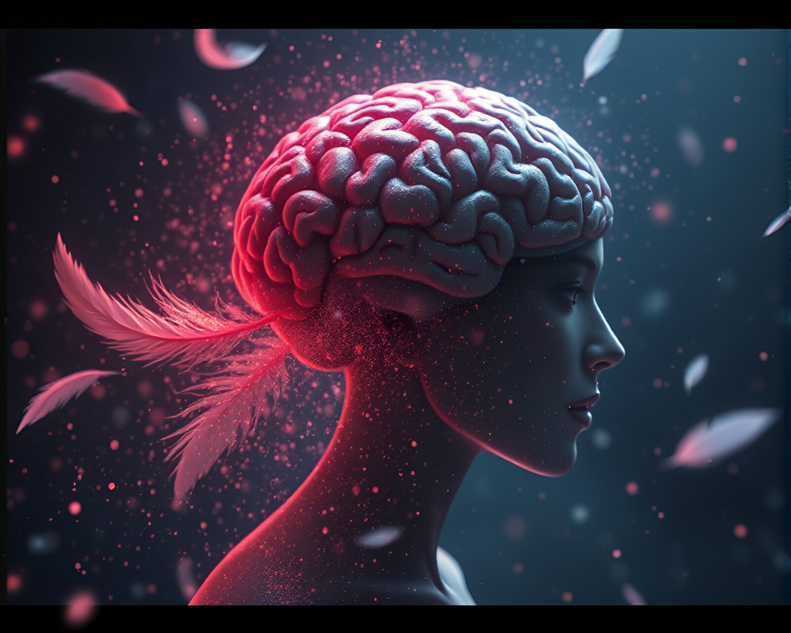 Digital artwork of an AI brain being gently dusted with feathers in an anime theme