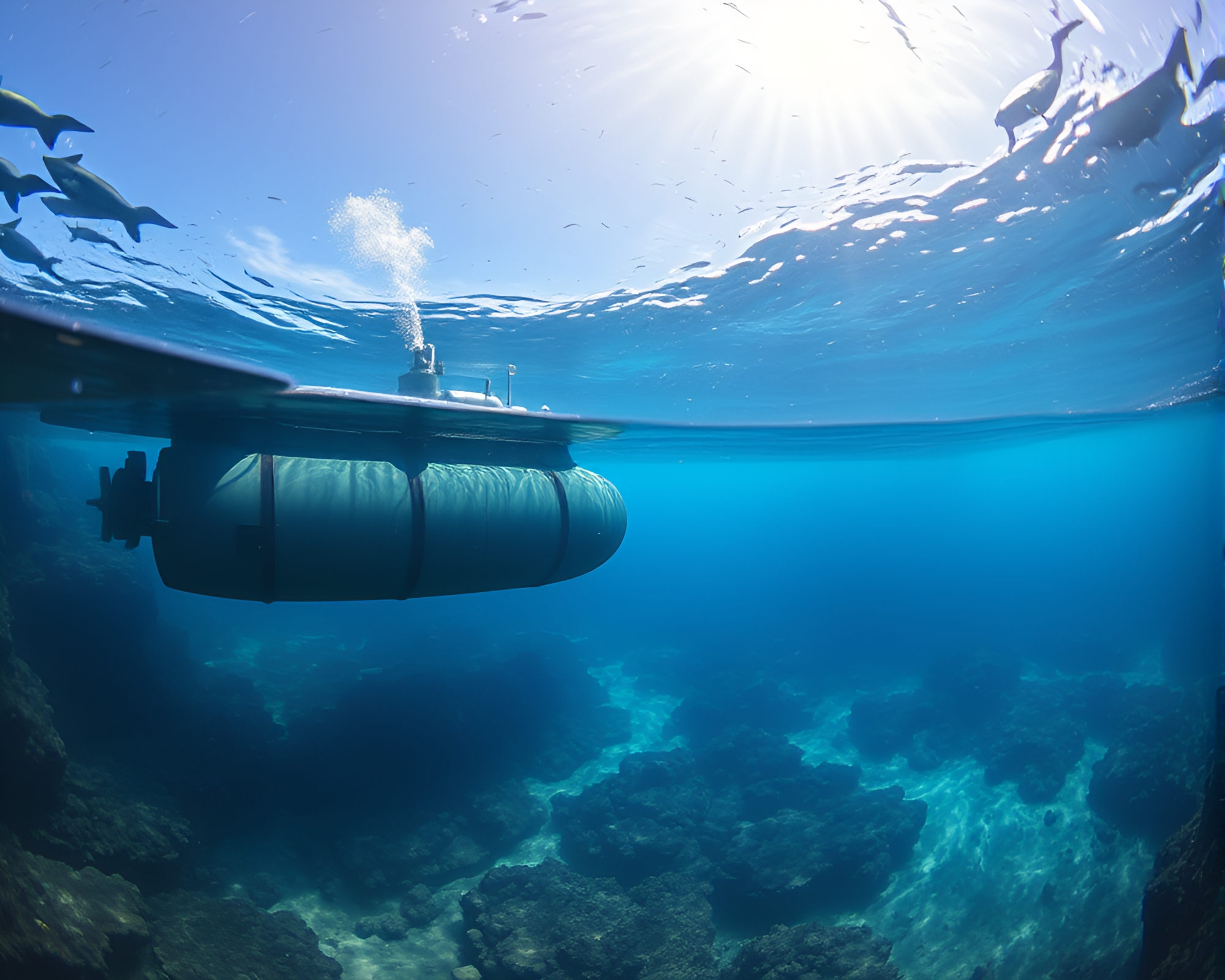 Bronze Submarine: Underwater Panoramic View – free AI stock image