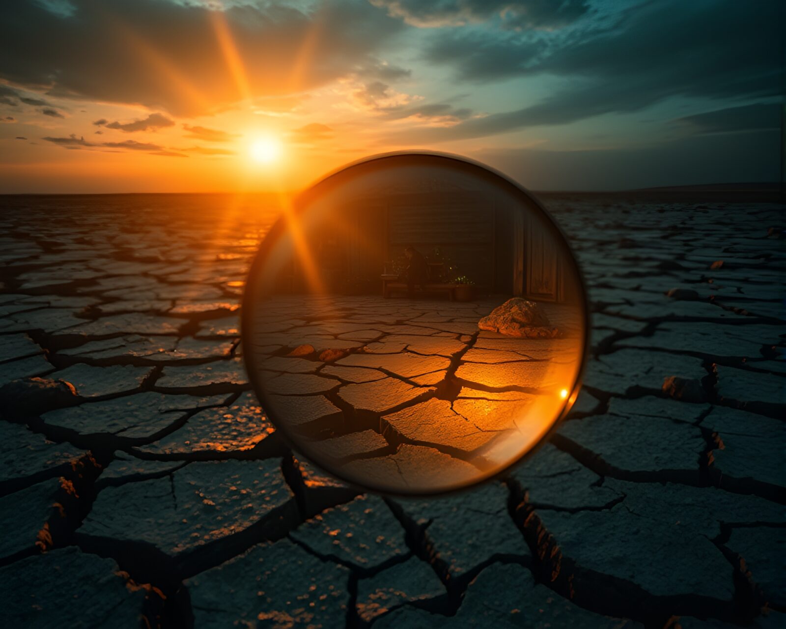 Eerie cracked mirror reflecting haunting golden hour scene