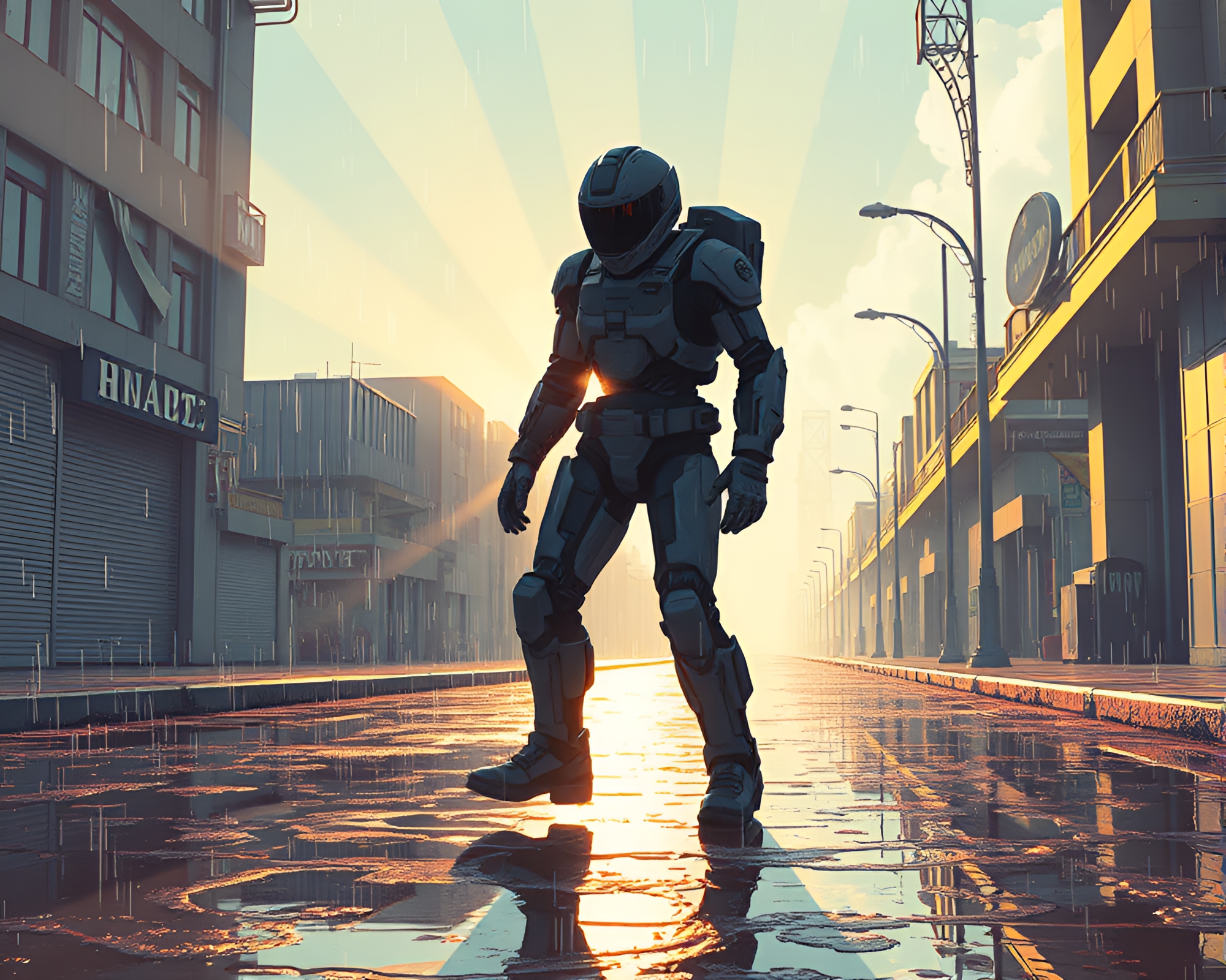 Futuristic Exoskeleton Suit Bathed in Sunbeam Rays on Wet Pavement – free AI stock image
