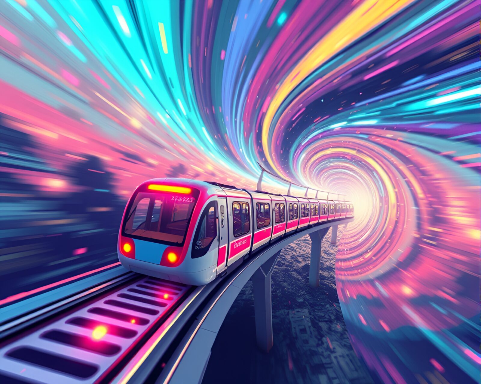 Pixel art monorail in swirling digital bloom vortex
