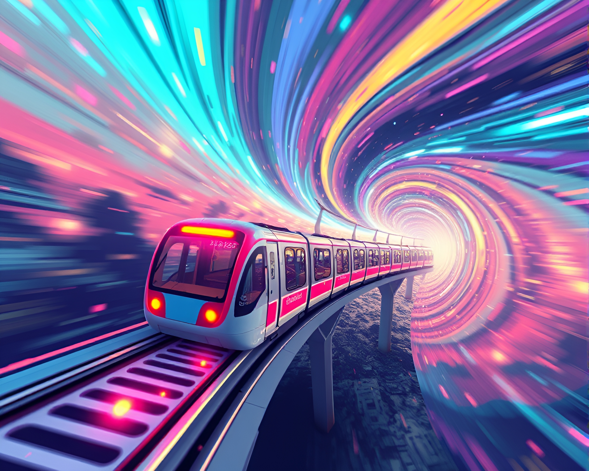 Digital Monorail traverses swirling pixel vortex – free AI stock image
