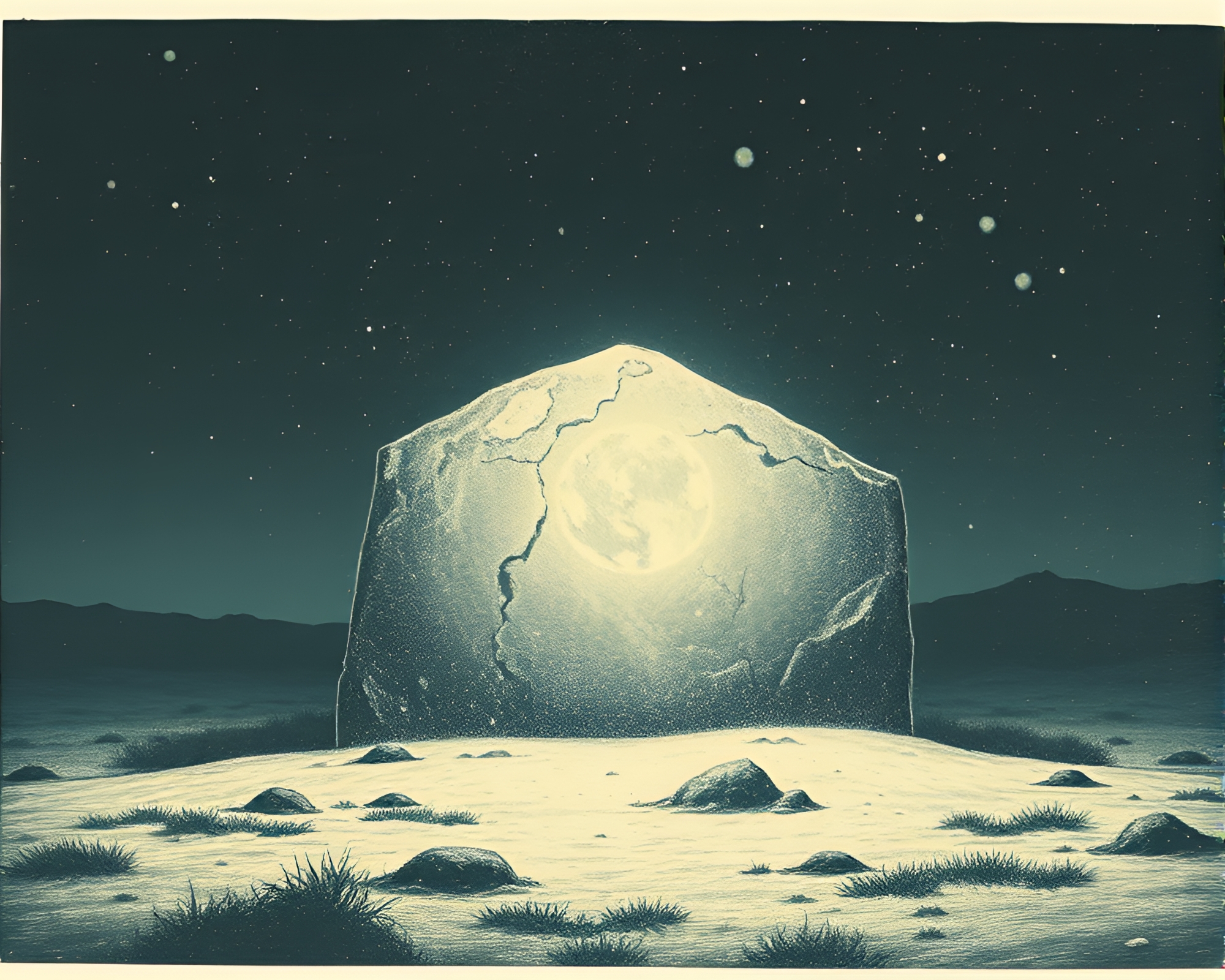 Enchanting Glowing Rune Stone in Vintage Landscape Etching – free AI stock image