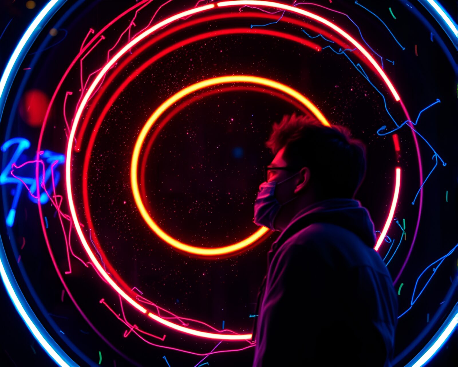 A vibrant neon-lit magic circle amidst colorful graffiti walls.