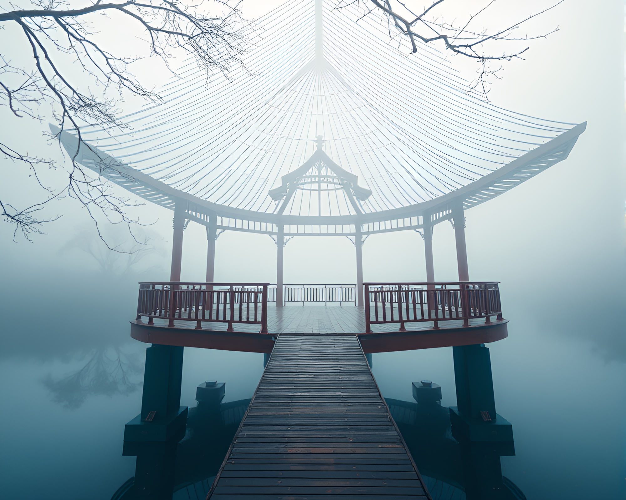 Surreal Floating Pavilion in Distorted Lens Fashion Illustration – free AI stock image