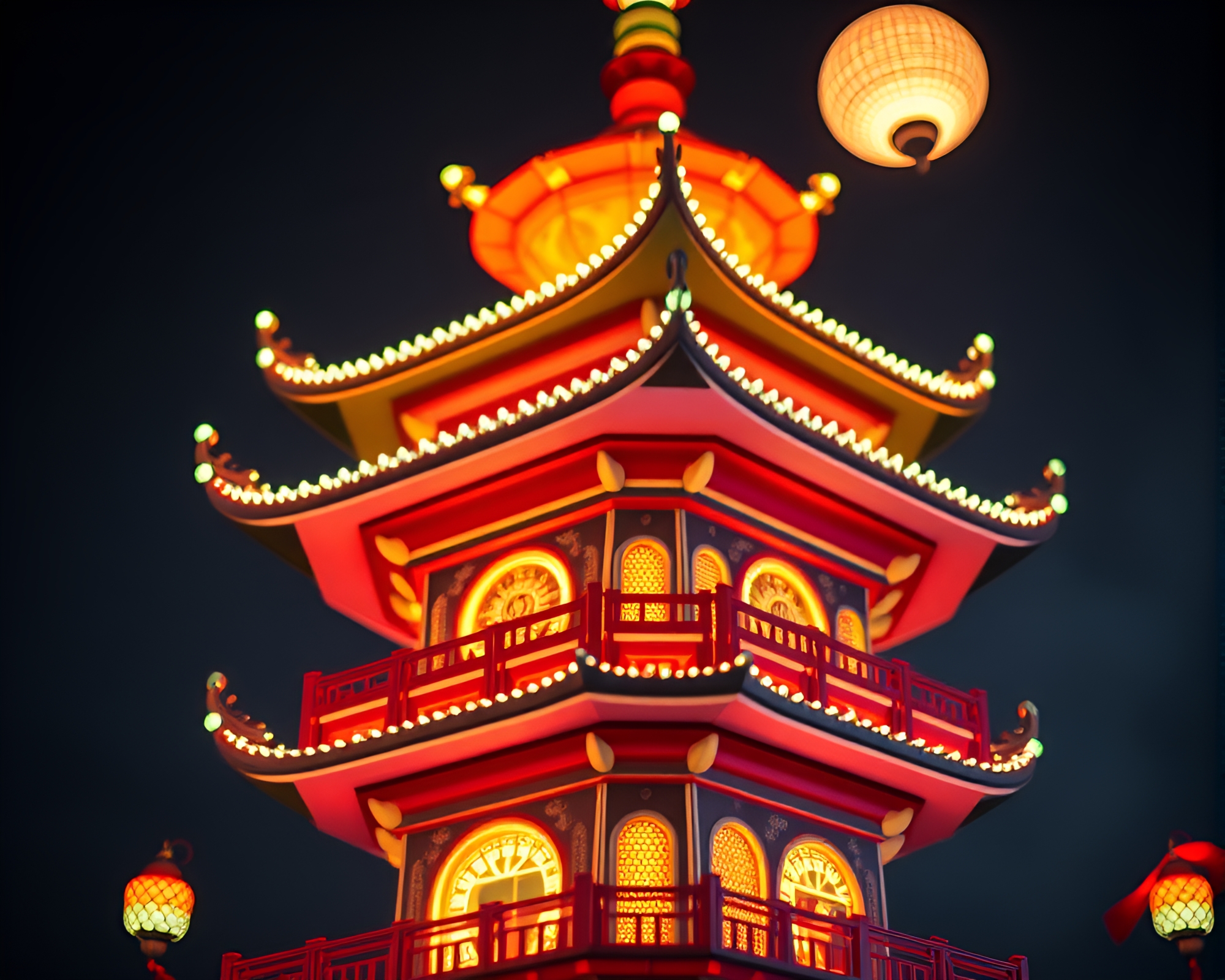Neon Pagoda Enveloped in Planetary Pastel – free AI stock image