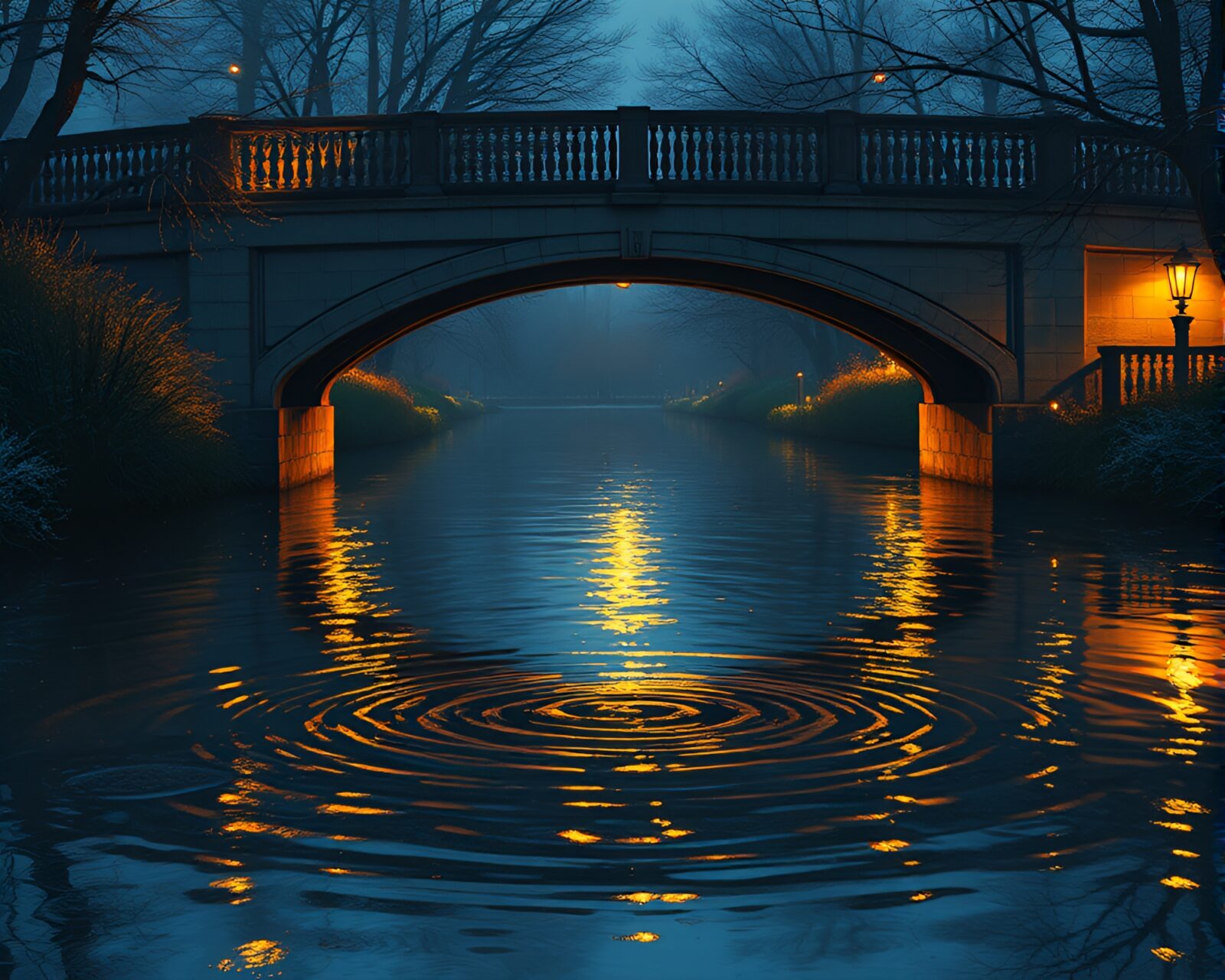 Water ripples mirror bridge under cozy porchlight glow