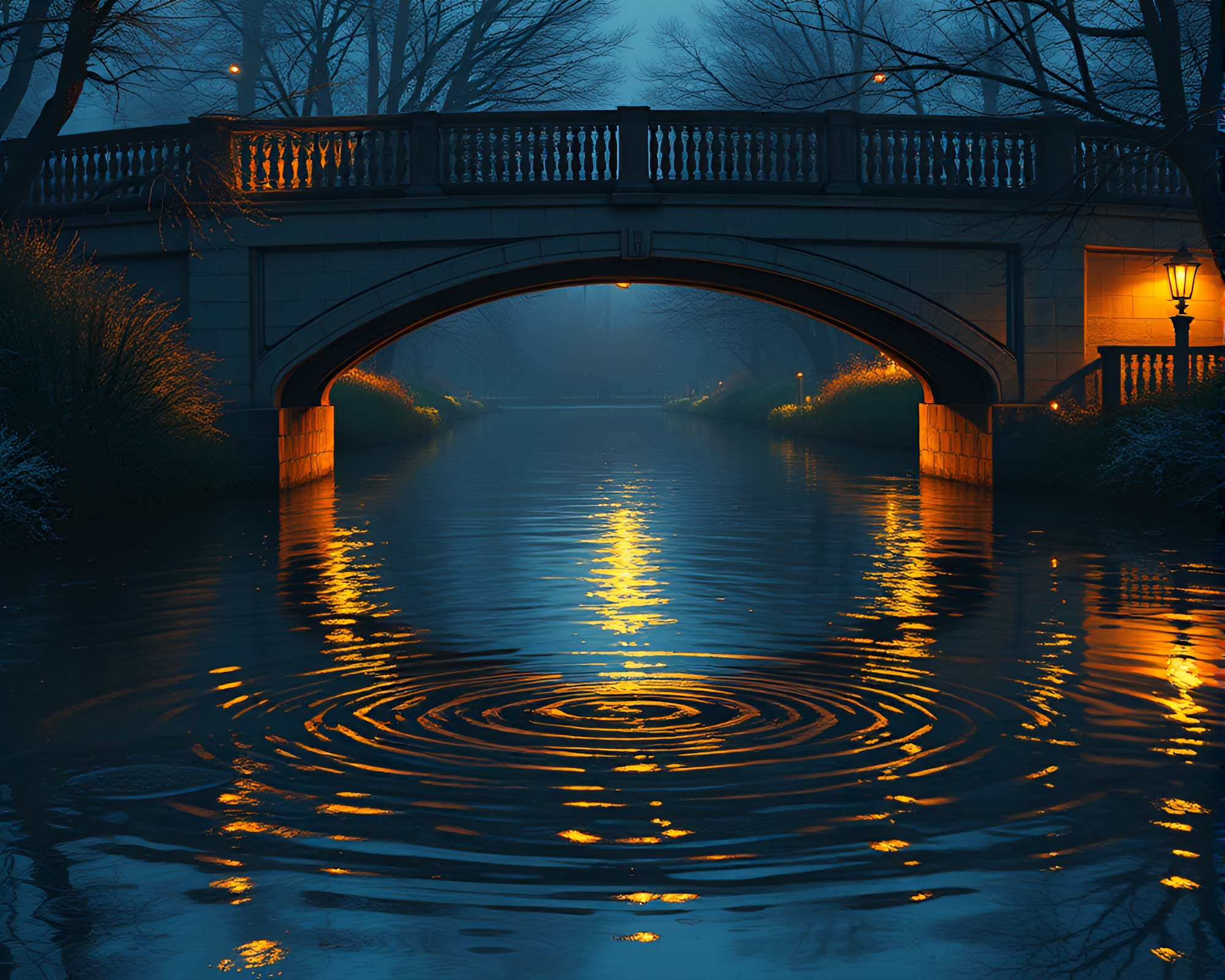 Bridge Reflection in Porchlight Warmth – free AI stock image