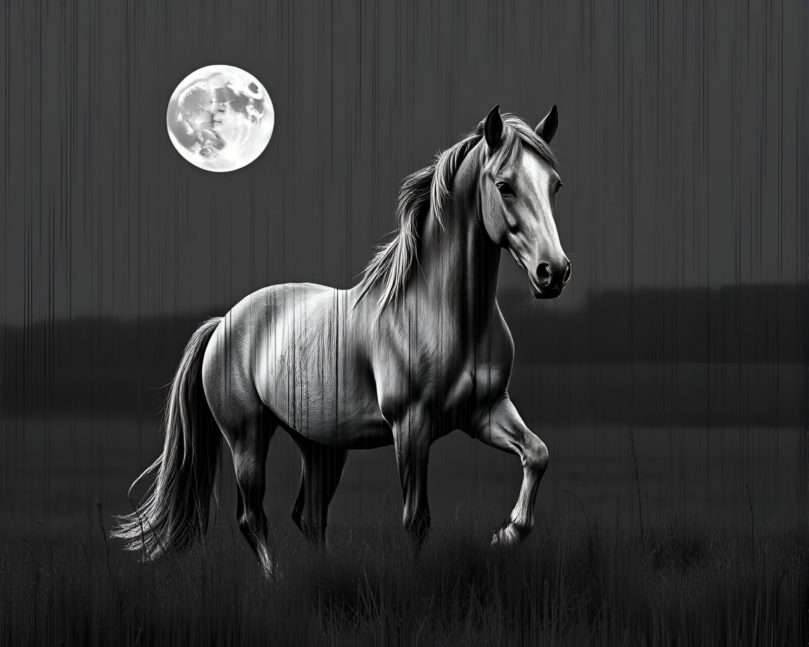 Digital glitch art of a wild stallion in lunar grayscale on wood grain
