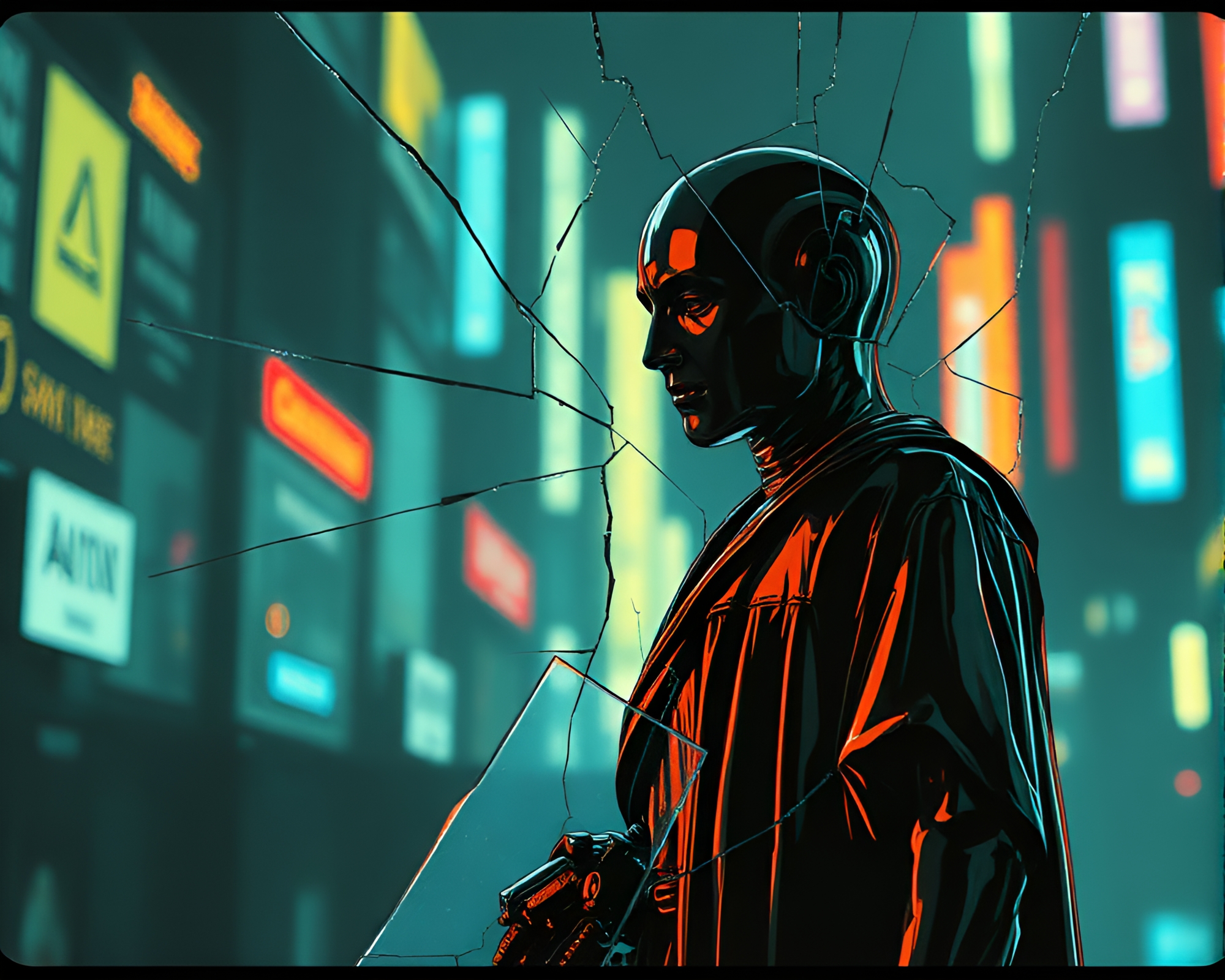 Cyberpunk Statue Reflection in Broken Glass – free AI stock image