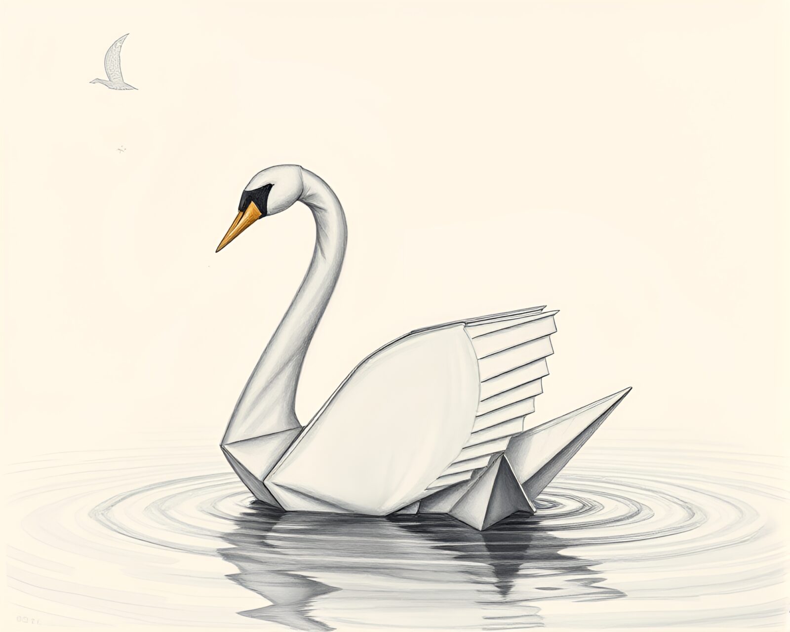 Pencil sketch of foggy landscape with origami swan