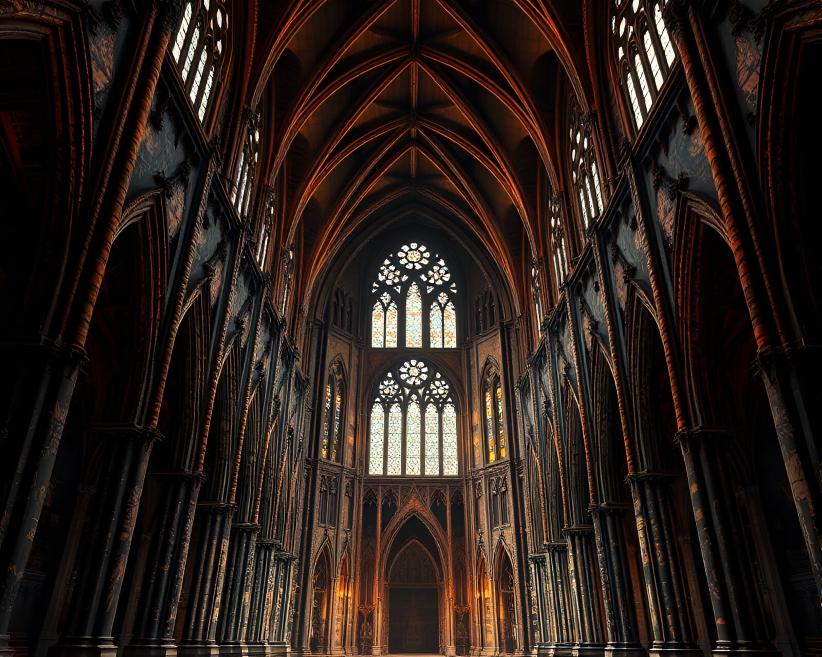 Majestic cathedral illuminated with dramatic wireframe lighting effects