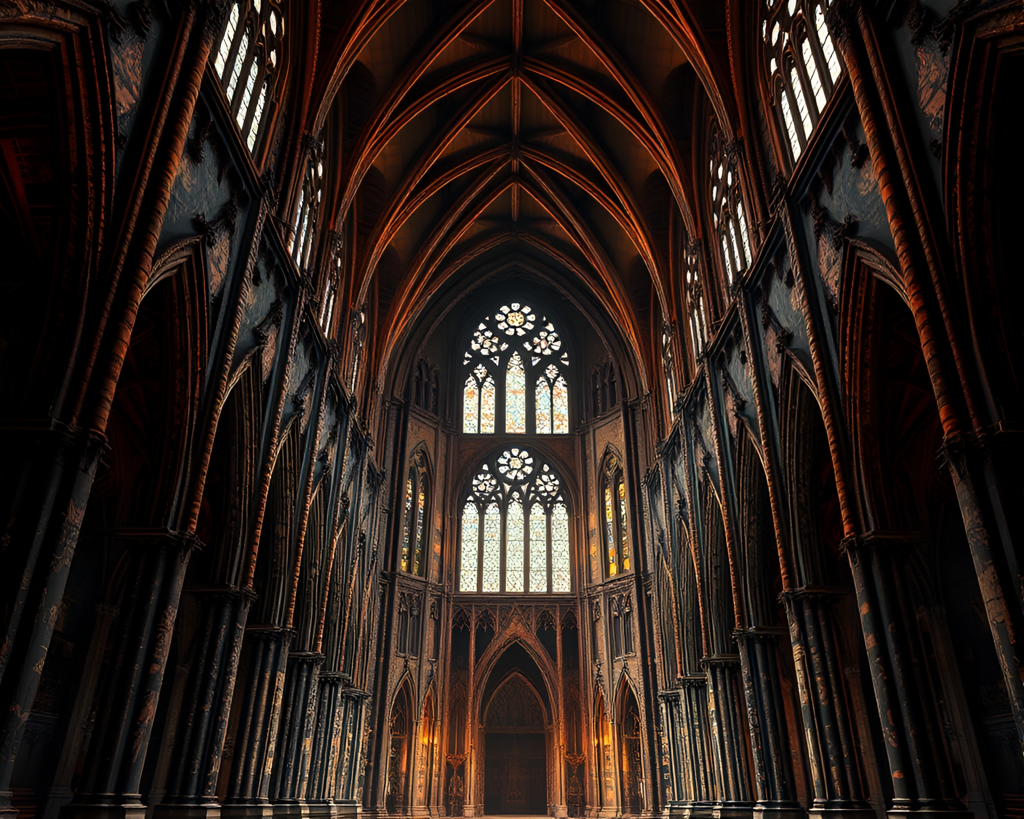 Gothic Cathedral Under Theatrical Wireframe Lights – free AI stock image