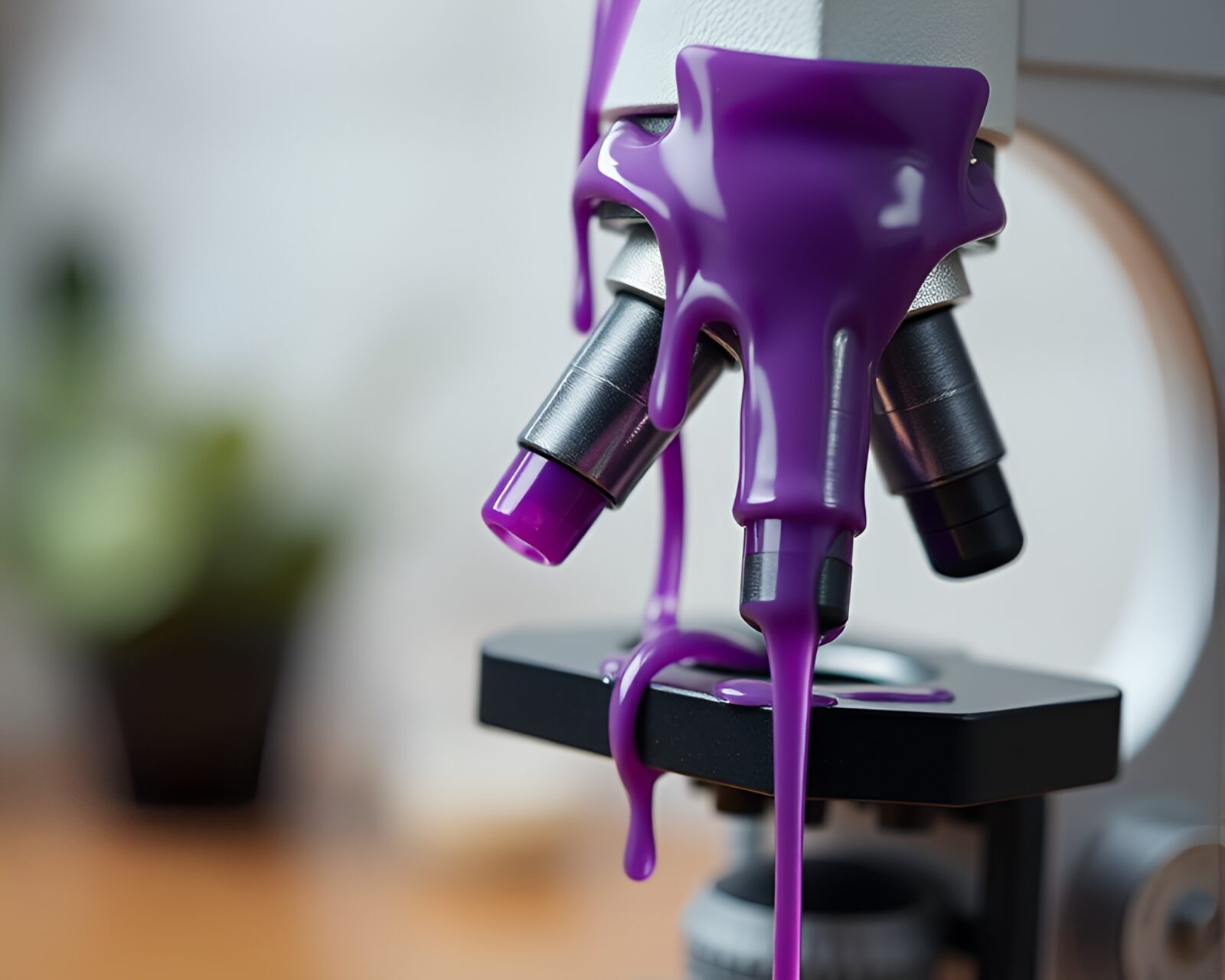Selective focus microscope image in amethyst hue with dripped paint